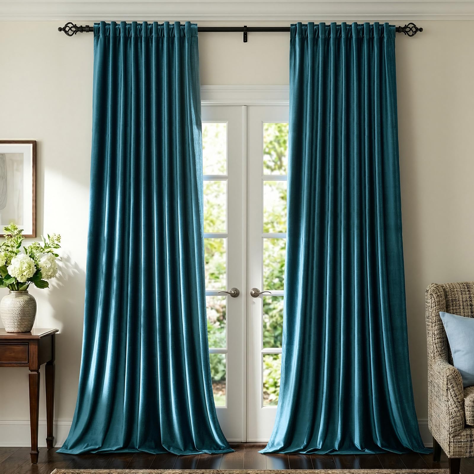 Elegant Peacock Blue Velvet Curtains 90 inches for Living Room,Luxury 2 Panels Room Darkening Rod Pocket Back Tab Curtain Thermal Insulated Heavy Soundproof Noice Reducing Window Drapes for Bedroom