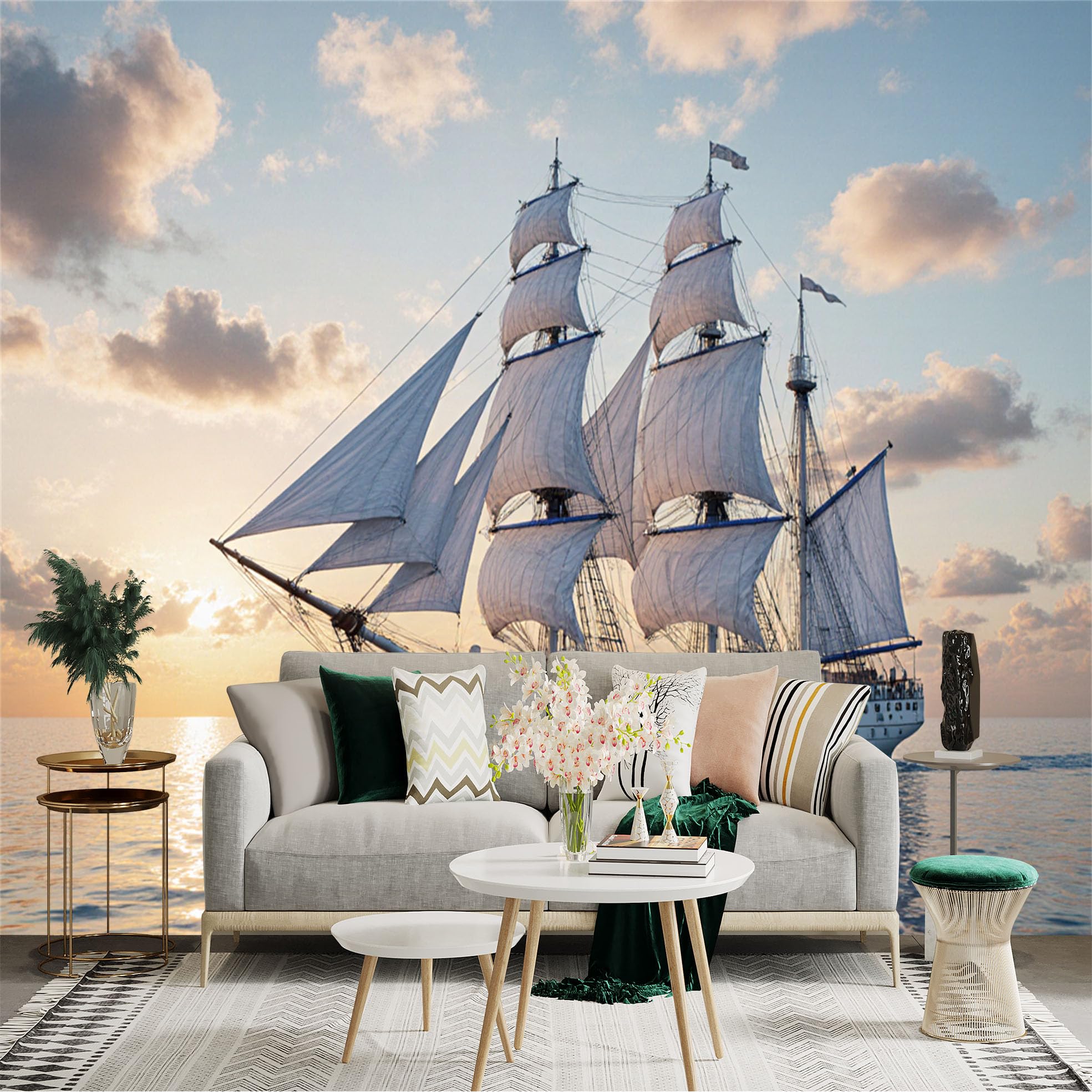 Custom Size Wall Sticker Mural， Majestic Sailing Ship at Sunset， Calm Ocean Waves， Vintage Tall Ship Scenery， for wall Decoration， peelandstick wall Decals.