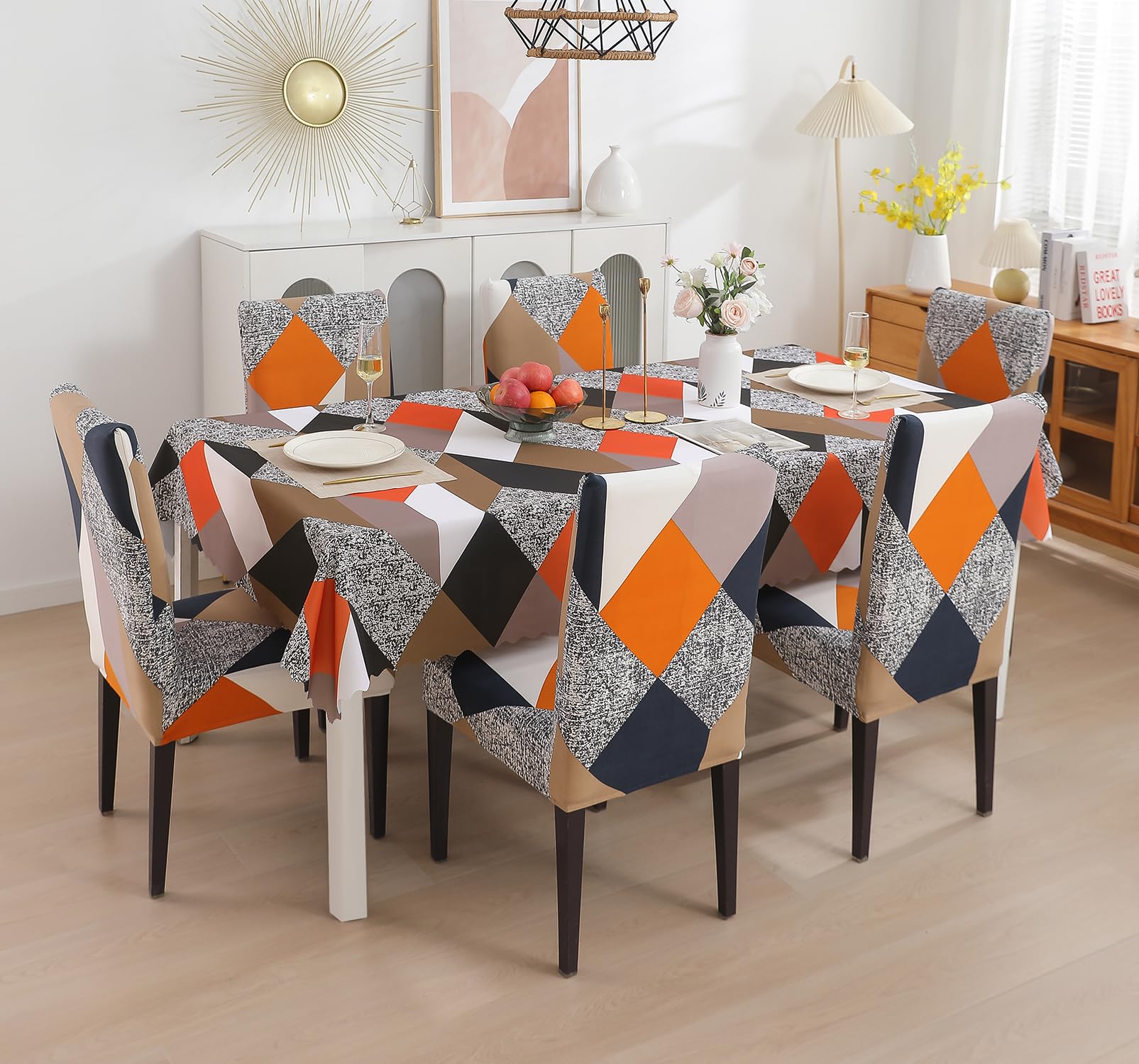 House of Quirk Polyvinyl Chloride (PVC) Dining Chair Cover with Rectangular Table Covers for Kitchen Waterproof Dining Table Cloth (Multi Prism, 1 Table Cover + 6 Chair Cover)