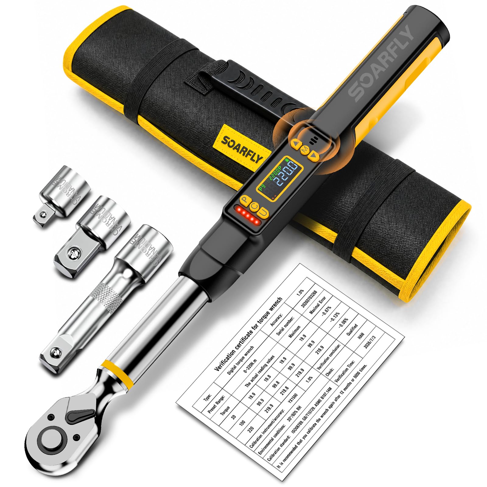 3/8 Digital Torque Wrench Set 220Nm/162Ft-lb for Auto 1/2 1/4 Drive | ±1% High Accuracy, Full Kit, 3 Modes, LED+Buzzer Alarm, 10 Presets 400 Data Logs, 5 Units, Reliable for Car Motor Bike Repair