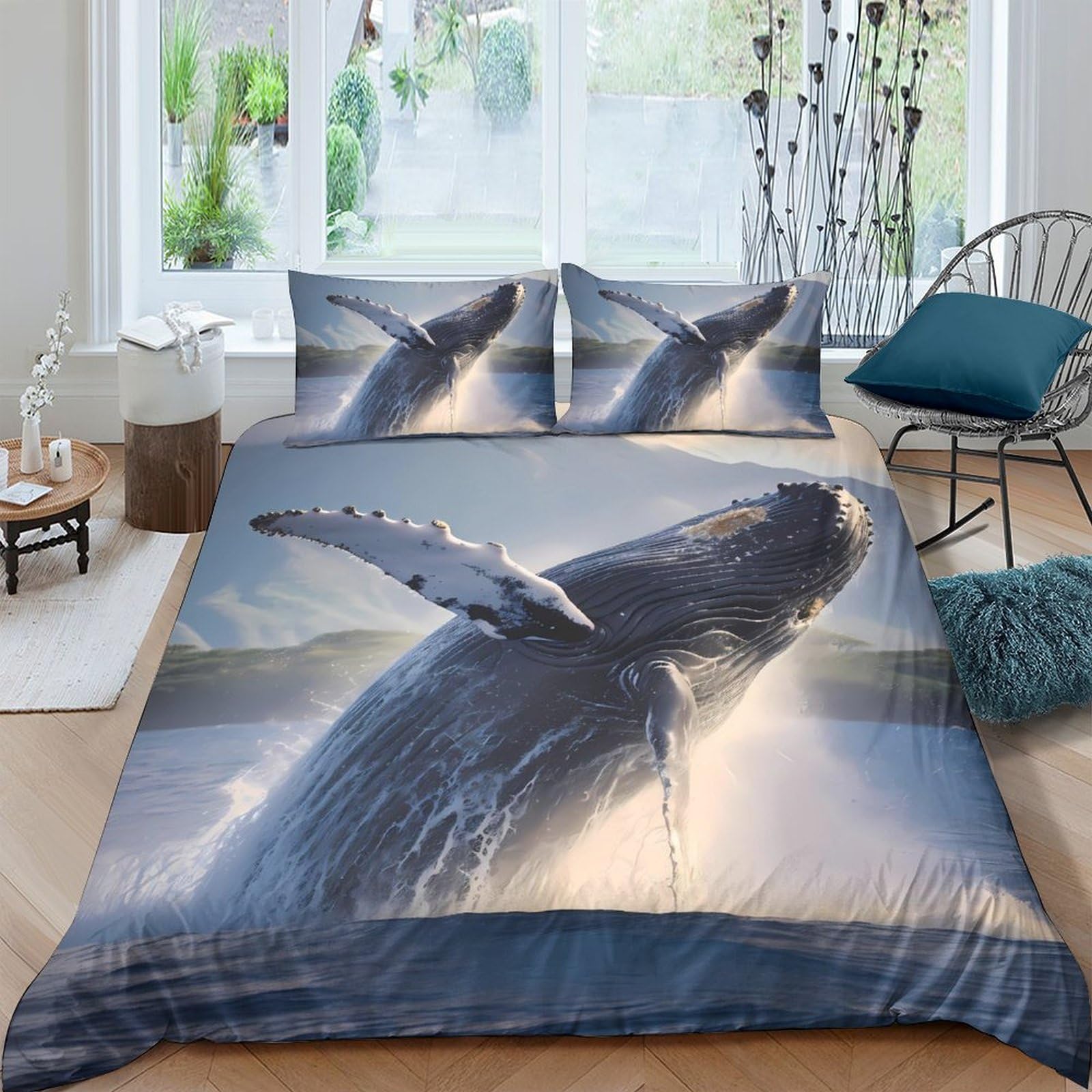 GPLZQXKJNH 3D Printed Whale Ocean Duvet Cover Microfiber Soft Breathable Sunset Bedding Set with 2 Pillowcases for Bedroom Decor Single（135x200cm）