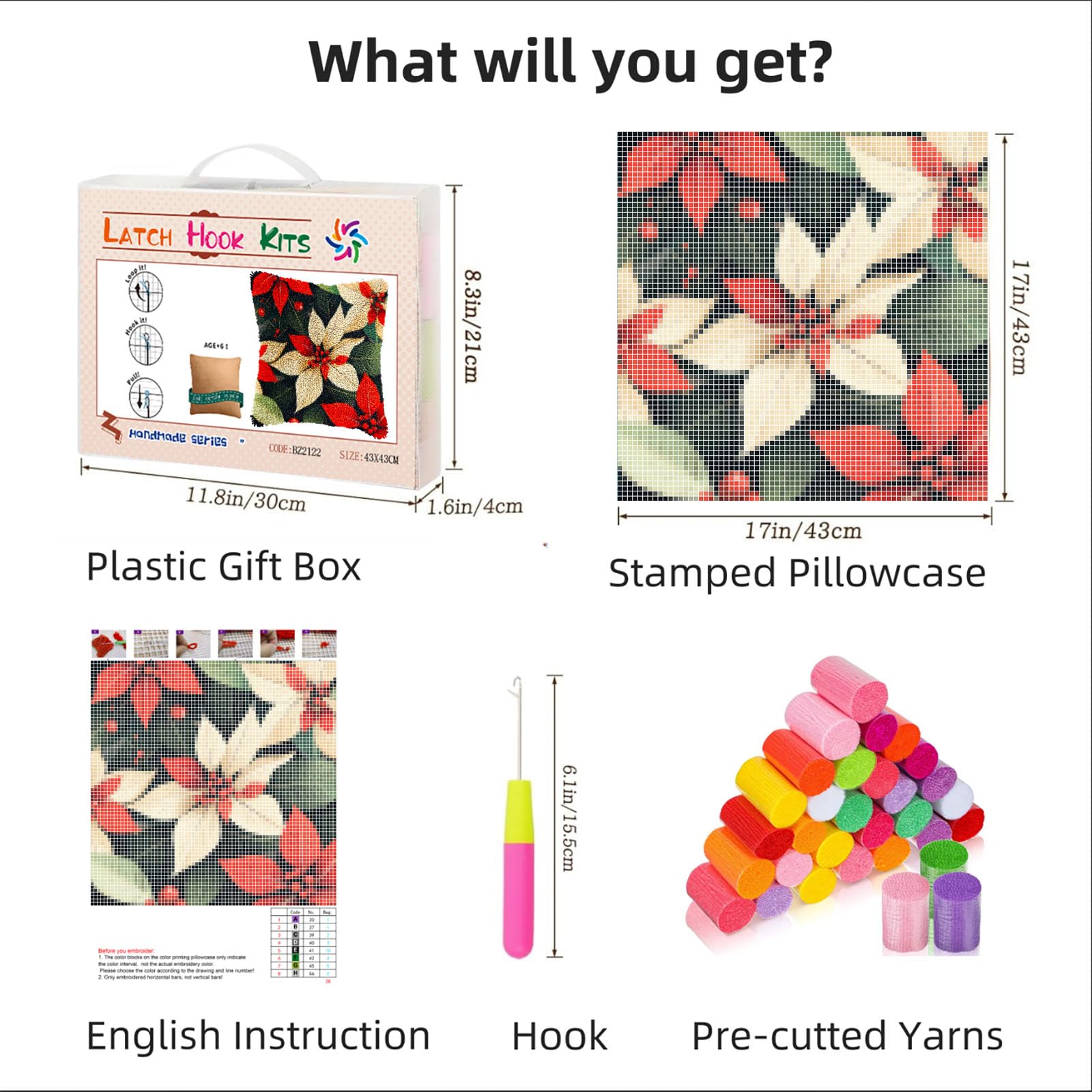 Latch Hook Pillow Kits for Adults Merry Christmas Flowers Poinsettia DIY Pillow Cover Printed Pillowcase Crochet Yarns Hooking Handmade Cushion for Home Sofa Decoration 17x17inch(8)