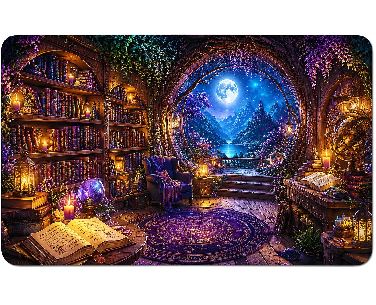 RWUTYTIUL Purple Book Moon for TCG Playmat 24 X 14 Inch with Play Zones, Stitched Card Game Mat for Commander Board MTG RPG CCG Desktop Tablet Mouse Pad for Enthusiasts Playing Accessories — image 1