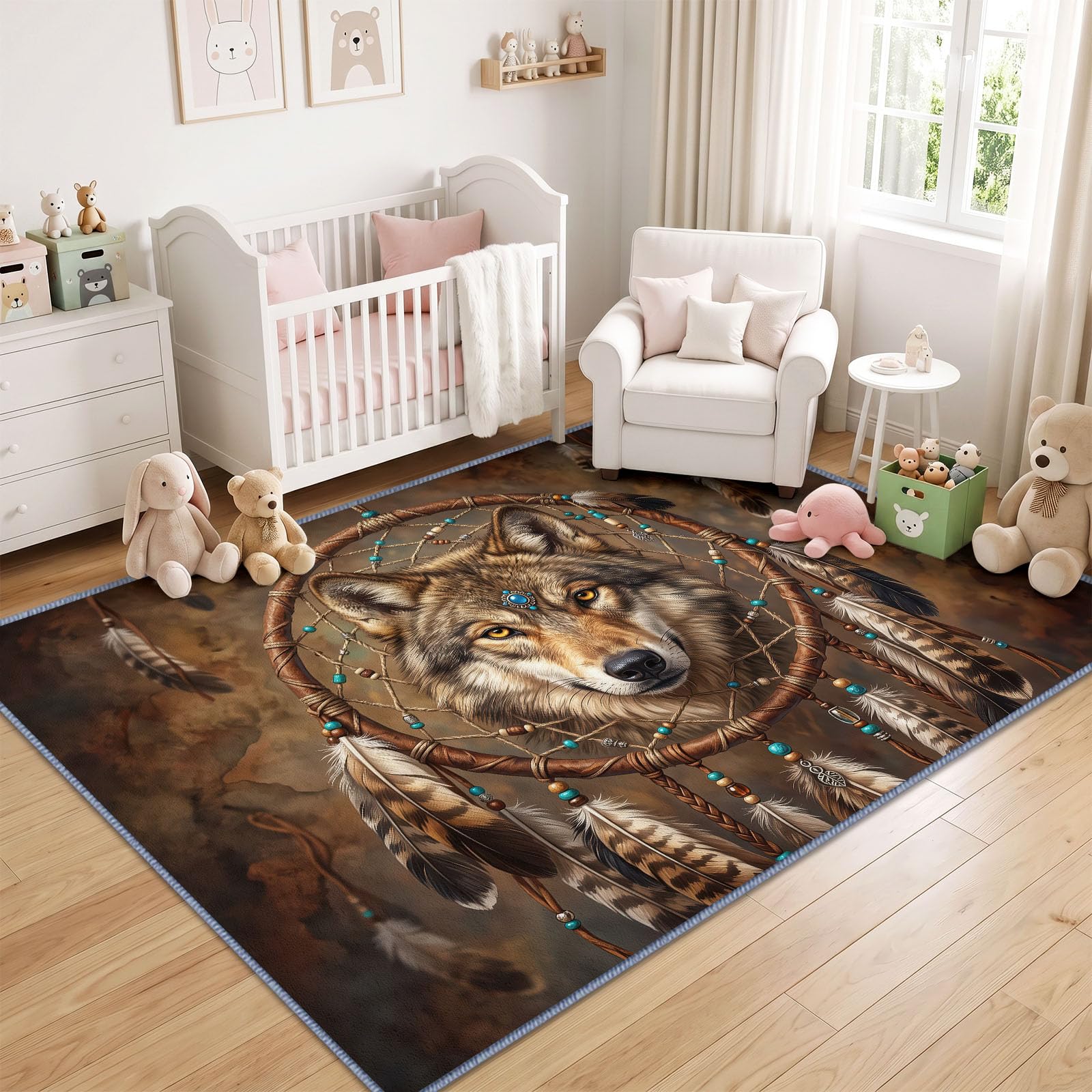 Łapacz snów dywan do salonu 140 x 200 cm, można prać w pralce antypoślizgowy duży pokój chłopcy wystrój rdzennych Amerykanów wilk, miękki dywan z krótkim włosiem do biura, sypialni, jadalni