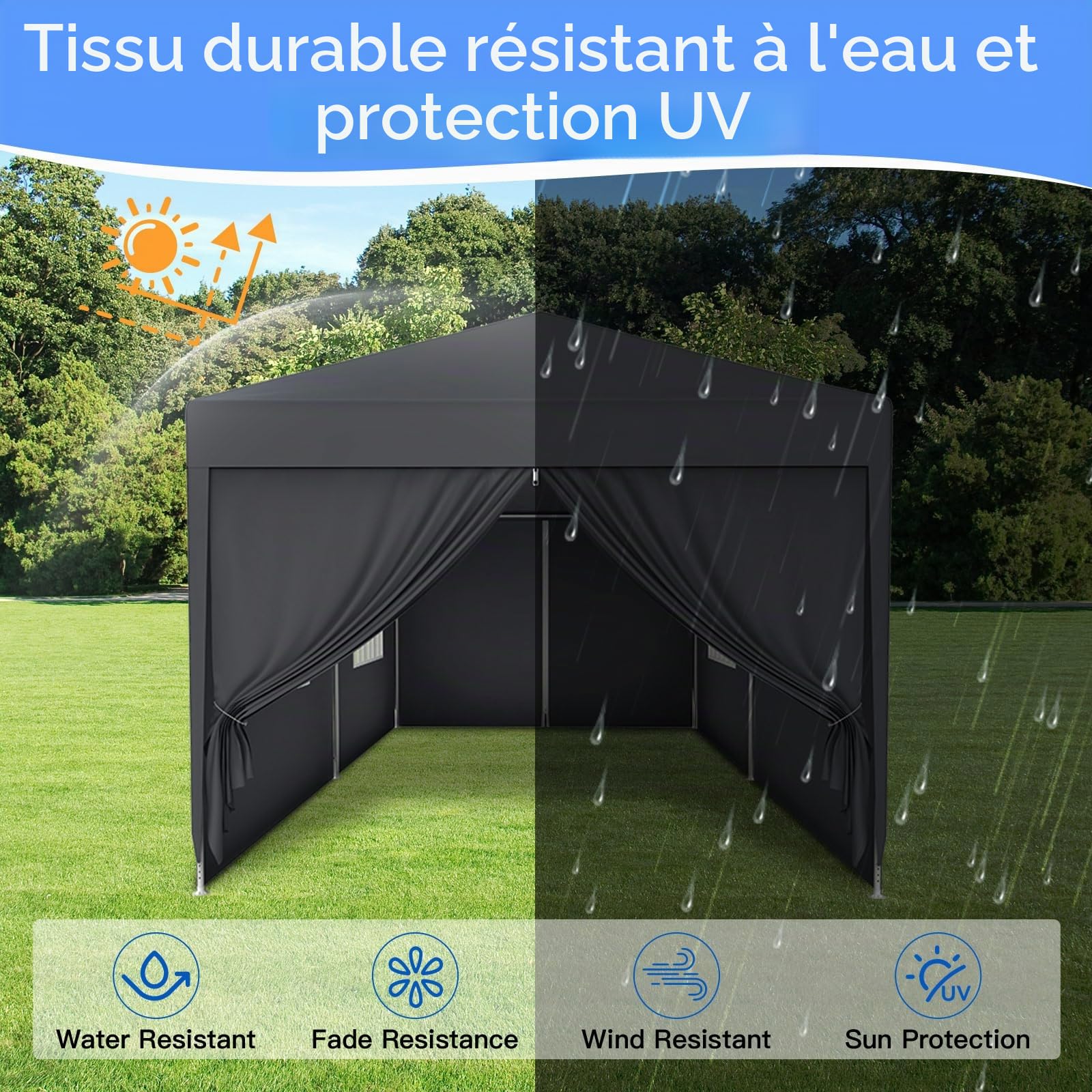 Kuro sagol Tonnelle de Jardin 3x3M,Tente Réception,Tente de Campingavec Fenêtres、Parois Latérales，Imperméable,Anti UV，Résistant au Vent Auvent,Barnum pour Camping Festival Plage,Anthracite