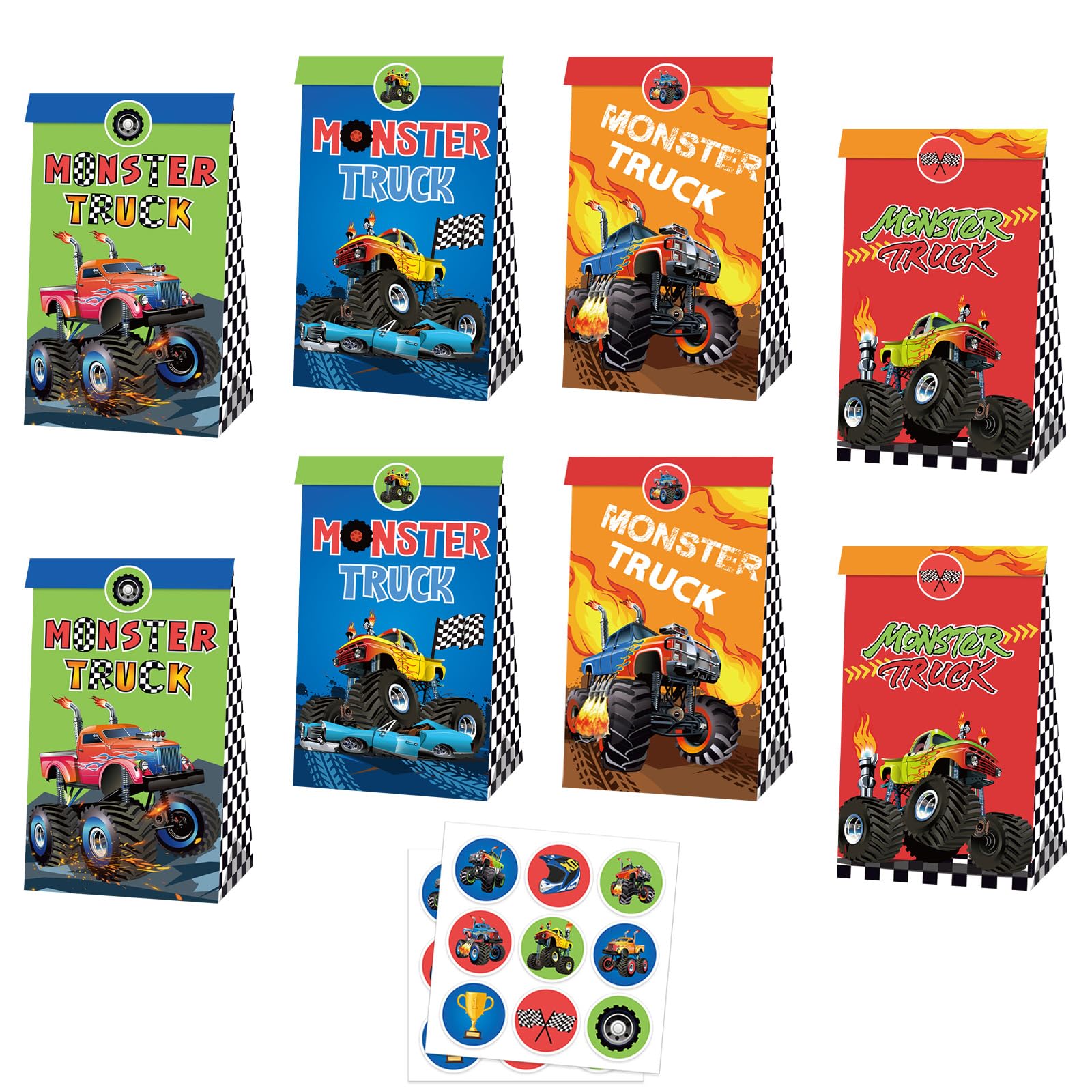 MORAINJAY 12 Pcs Monster Trucks Paper Bags, Truck Theme Party Goodie Bags, Kids Birthday Gift Treat Bag, Boys and Girls Party Favour Decoration Supplies, with 18 Stickers — image 1