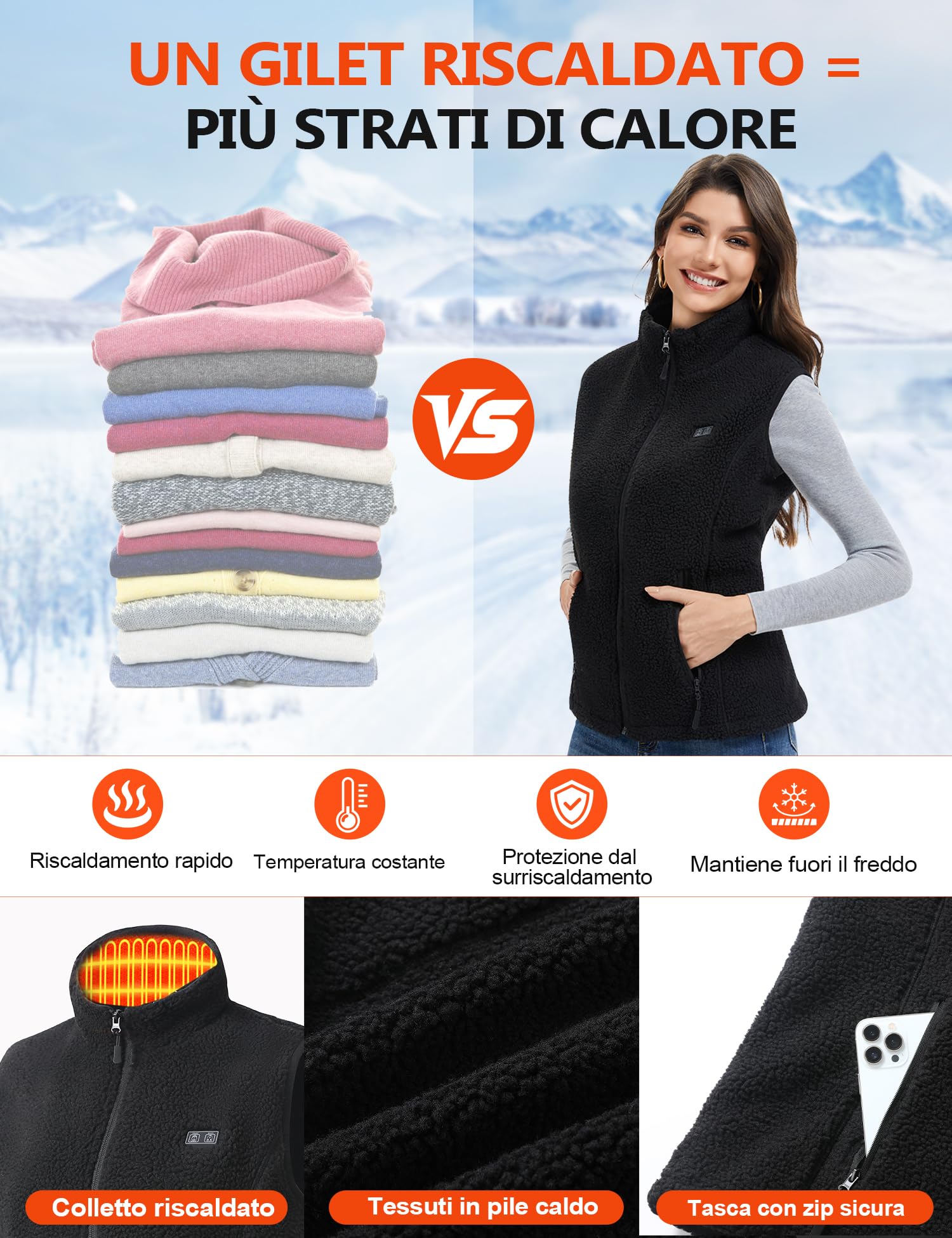 Gilet Riscaldato Donna con Batteria 18400mAh, 8 Zone Riscaldanti, Gilet Termico Donna in Pile, Lavabile, Riscaldabile per Inverno Esterno