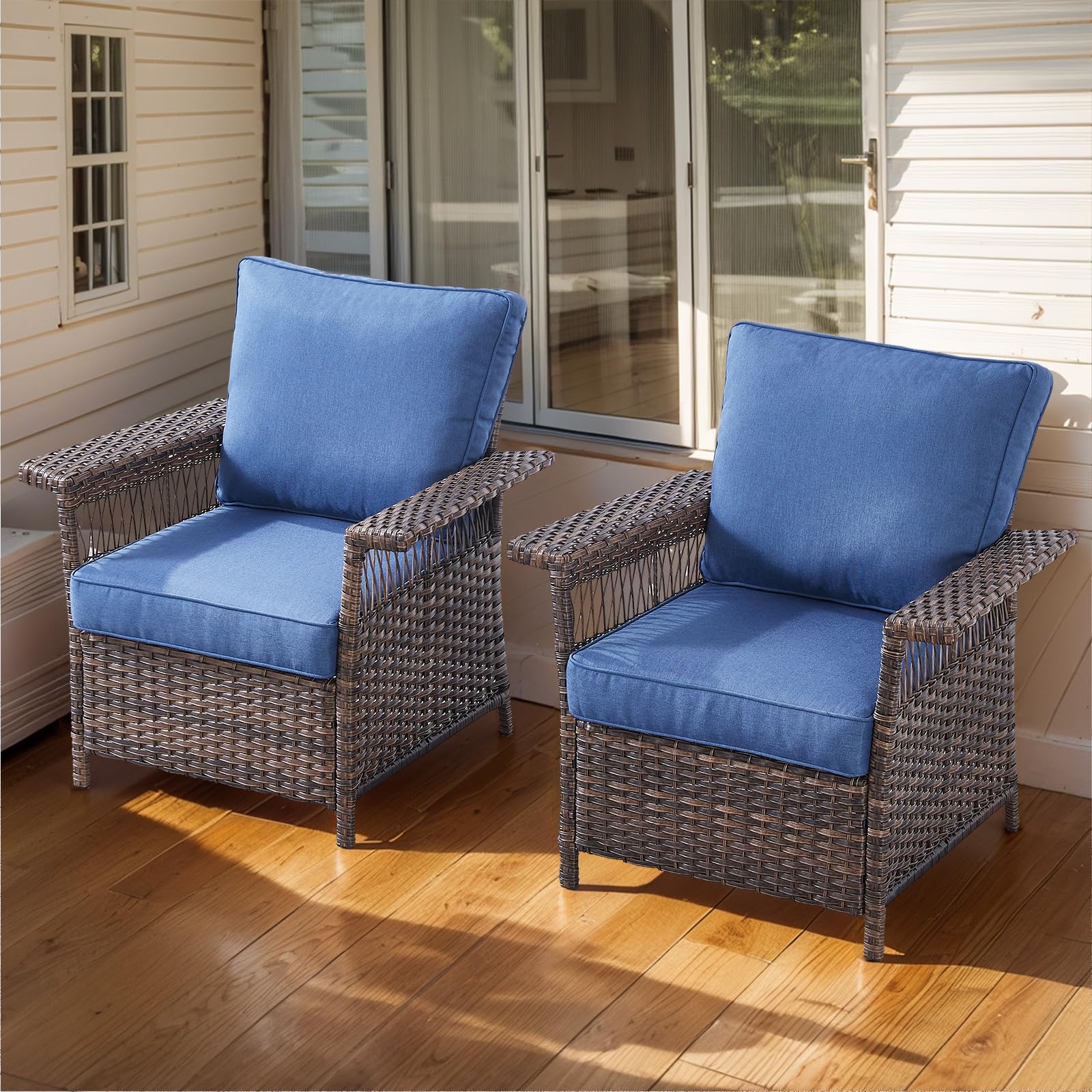HUMMUH Patio Chairs Set of 2 - All-Weather Rattan Wicker Chairs Outdoor Chairs for Deck Porch Balcony Garden-Brown/Blue