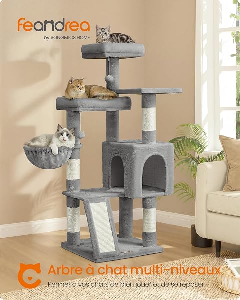 Feandrea PCT012GD01 Cat Tree with Scratching Poles and Ramp, 3 Large Platforms, 1 Kennel, 1 Basket, 2 Pompoms, 136 cm High, Dove Grey - 2