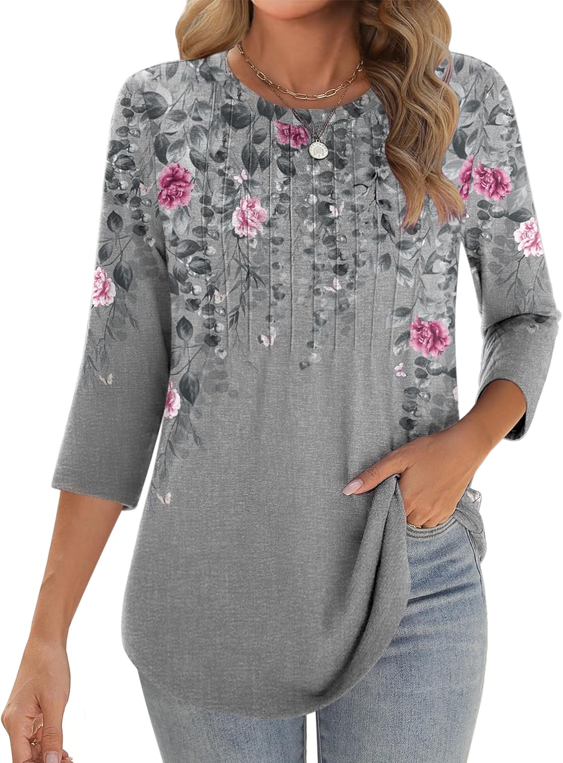 Zeagoo 3/4 Length Sleeve Womens Tops Crew Neck Loose Fit Shirts Pleated Cute Clothes Dressy Casual 2026 Summer Tunics