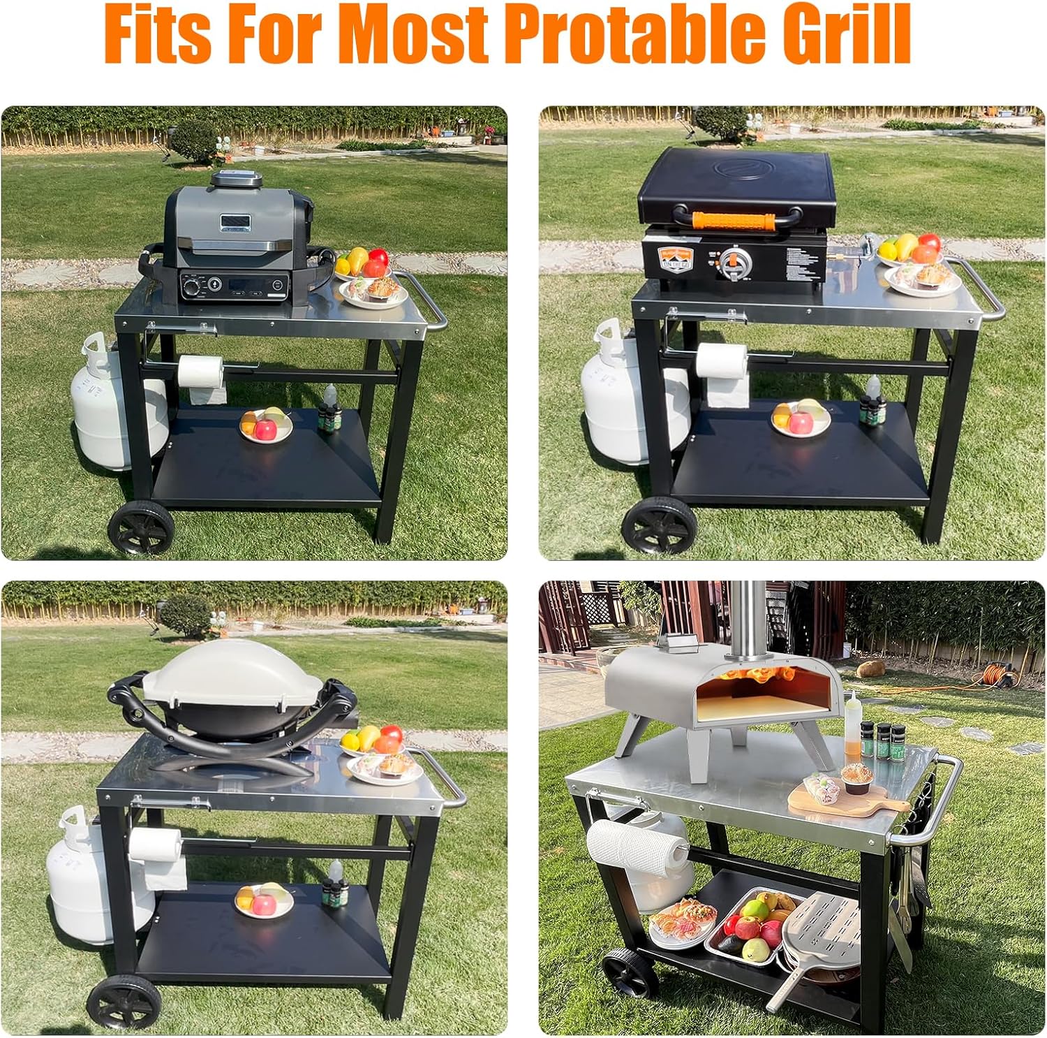 Grill Table, Movable Dining Cart, Pizza Oven Table Stand, Double-Shelf Grill Stand, Food Prep and Work Cart with Wheels, Hooks, Fits for Blackstone Ninja