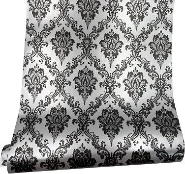 Yifely Retro Black Damask Furniture Paper Self-Adhesive Shelf Liner Light Grey Table Dresser Decor Sticker 17.7 Inch by 9.8 Feet