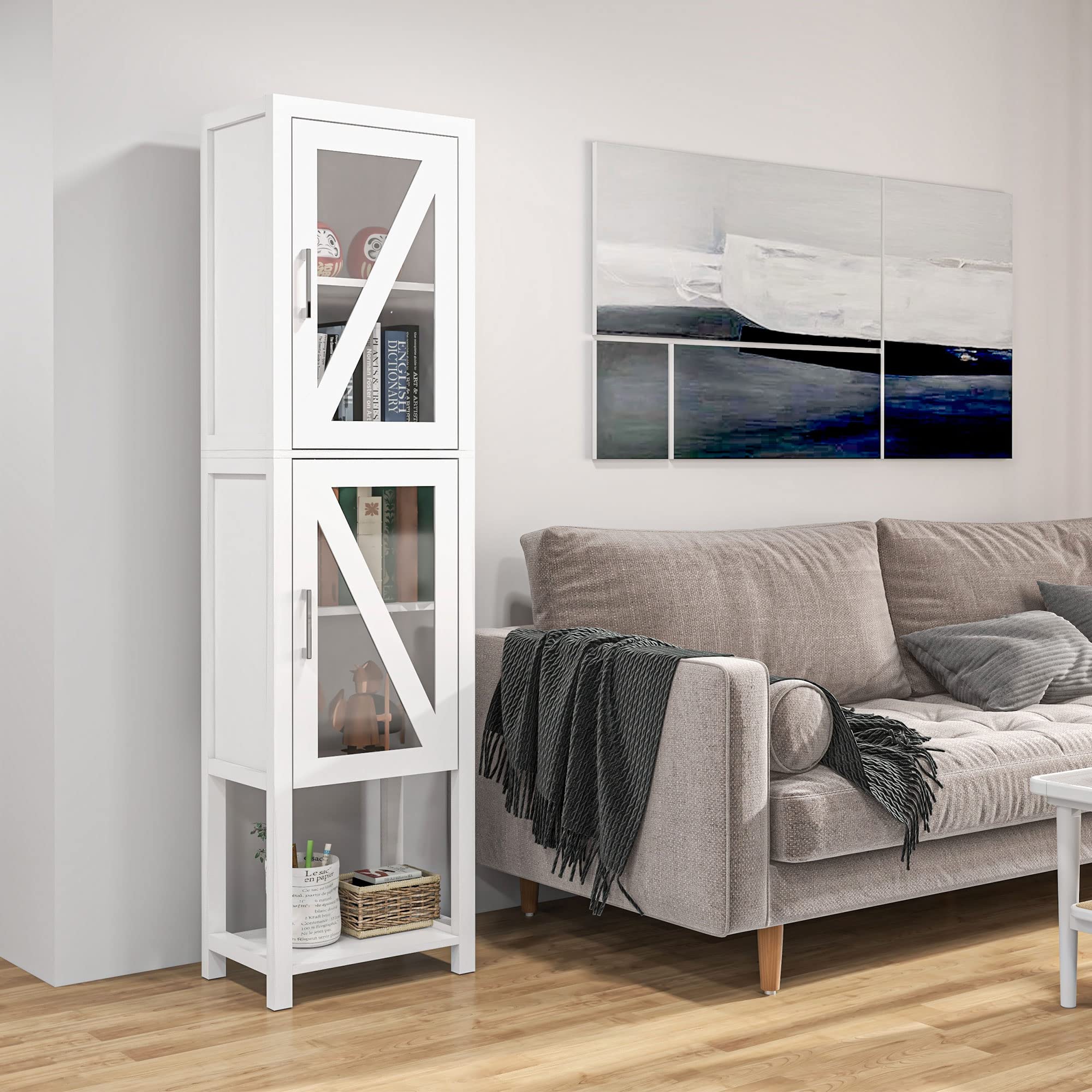 kleankin Columna Auxiliar de Baño 2 Puertas de Vidrio 45x30x170 cm Blanco | Armario Alto de Baño, Estantes Ajustables, Estante de Almacenamiento