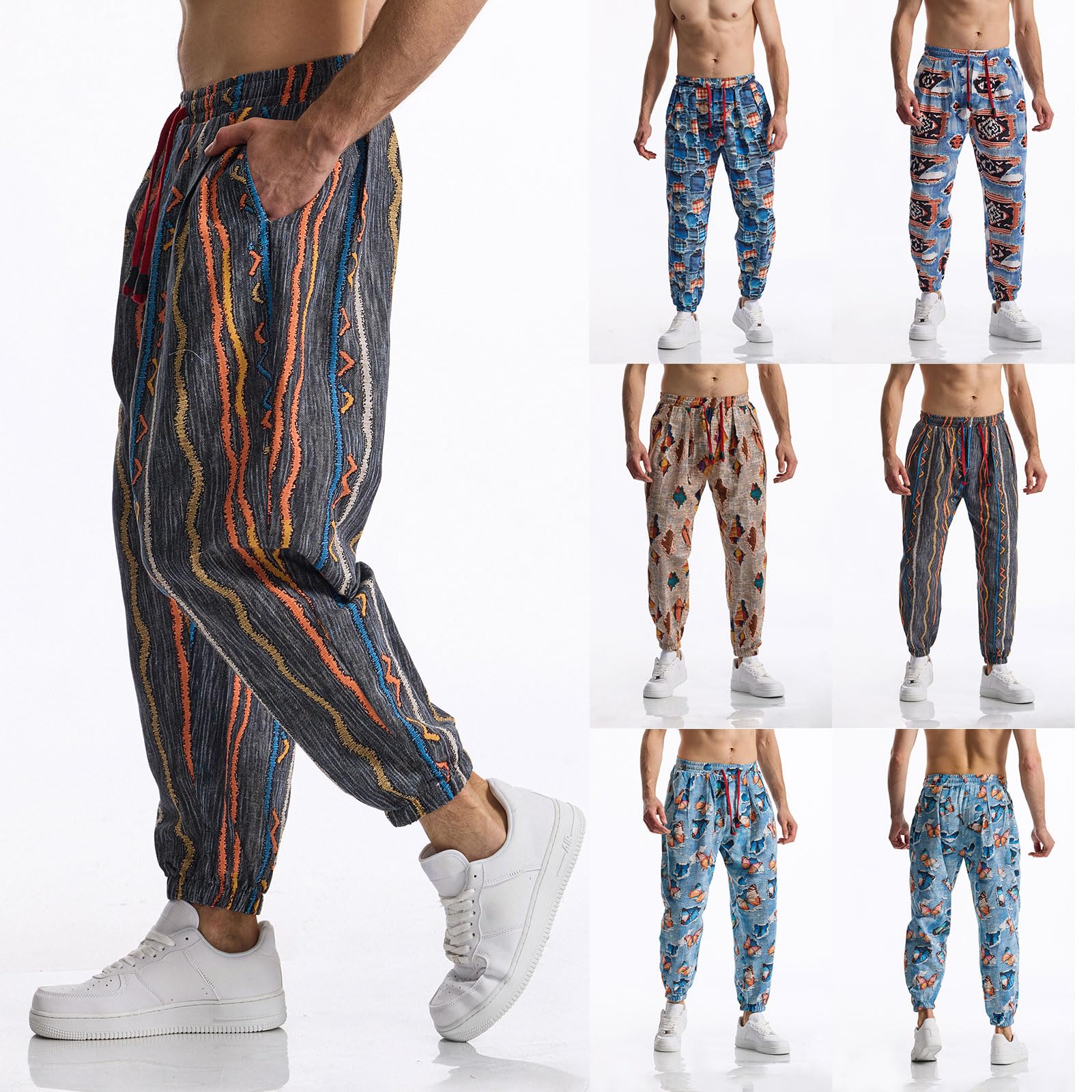 MakingDa Herren-Jogginghose aus Baumwolle mit elastischem Bund, Paisley bedruckter, Hippie-Stil Weite Beinhose, Lockere Passform, bequem für Strand, Spazierengehen, Laufen und Joggen