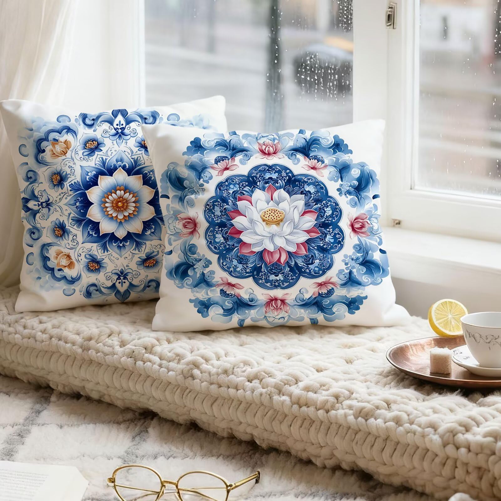 Azul Funda Cojin 60x60 Mandala Funda Almohada 60x60 Cojines Sofa Súper Suave Fundas Cojines Decorativos Fundas Almohadas 4 Piezas Almohada Cervicales y Cuello, para Hogar Cama Salon Decoracion E - 751