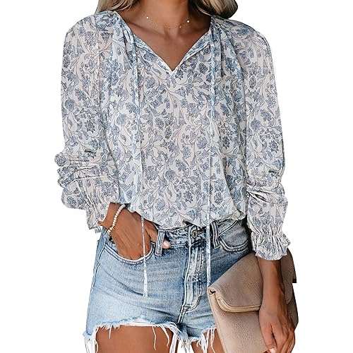 Dokotoo Women's Casual Boho Floral Printed V Neck Tops Drawstring Short Long Sleeve T Shirt Blouses