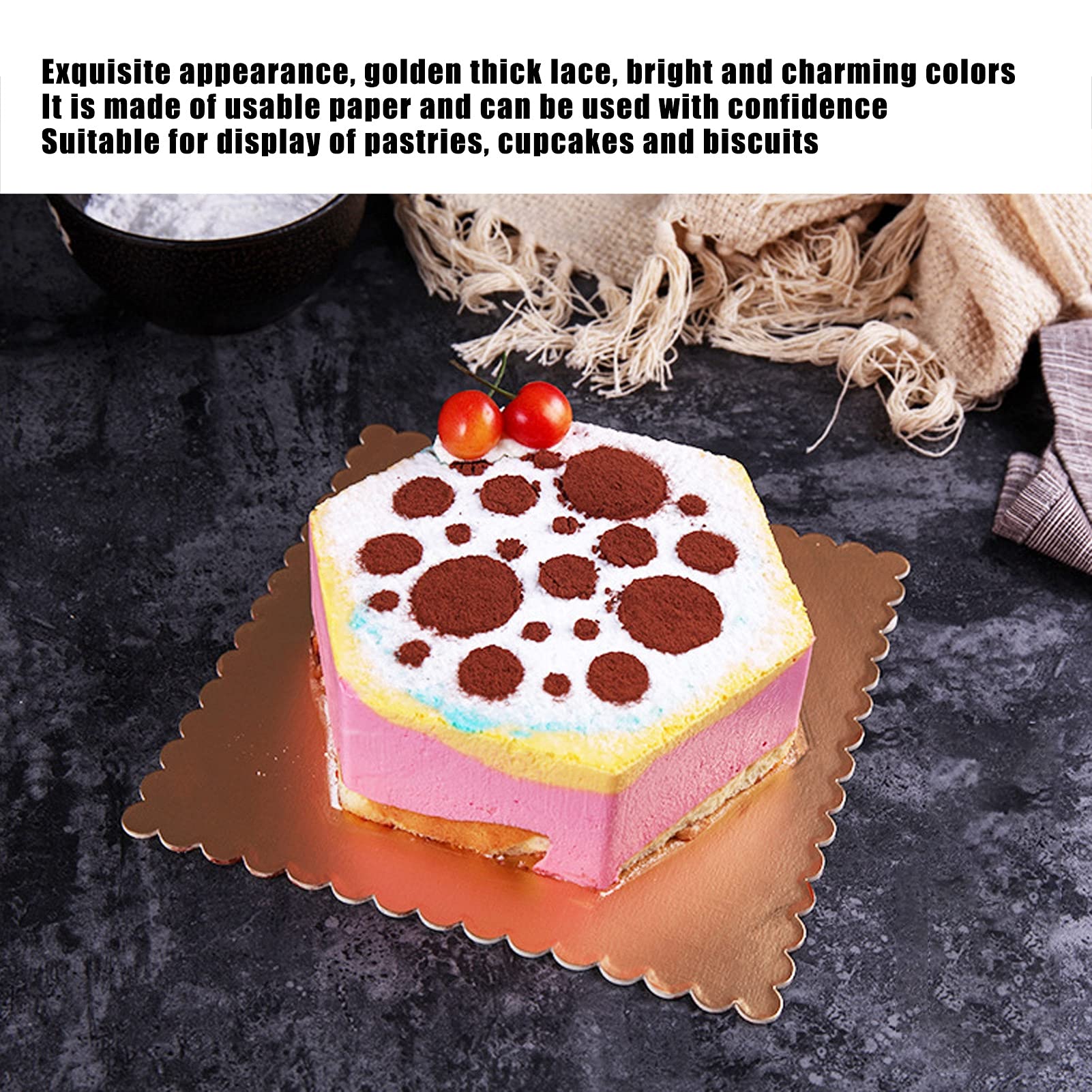 10Pcs Cake Boards Thick Lace Edge Dessert Mousse Cake Board Serving Tray Baking Supplies for Home Kitchen Restaurant Bakery (Gold)(Square Cake mat-6 inches) 2