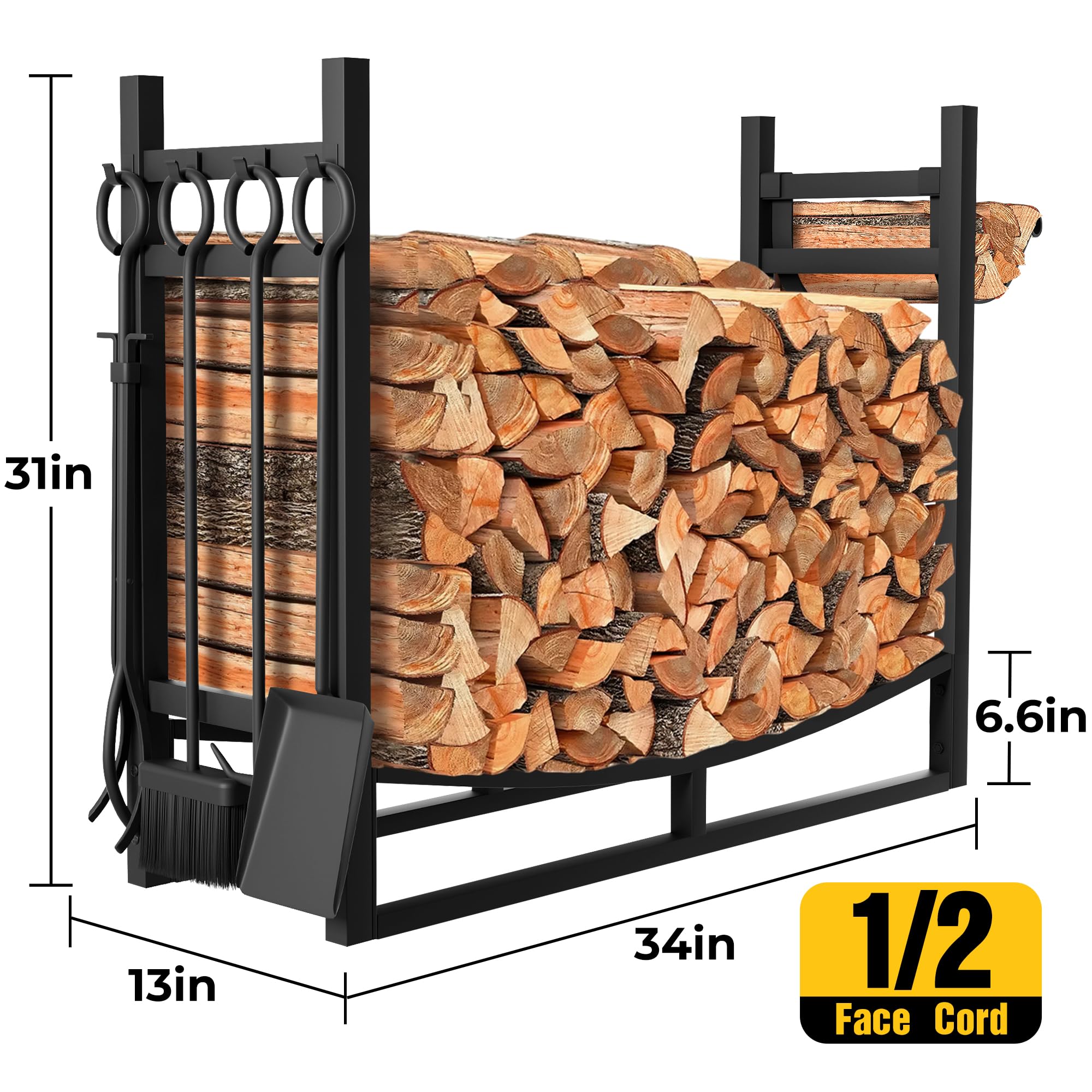 Amagabeli 90cmx78cm Großes breites Brennholzregal Kaminwerkzeugregal Indoor Outdoor Anzündholzhalter Heavy Duty Holzlager Log Rack Ständer Werkzeuge Herdzubehör Schwarz Ohne Abdeckung