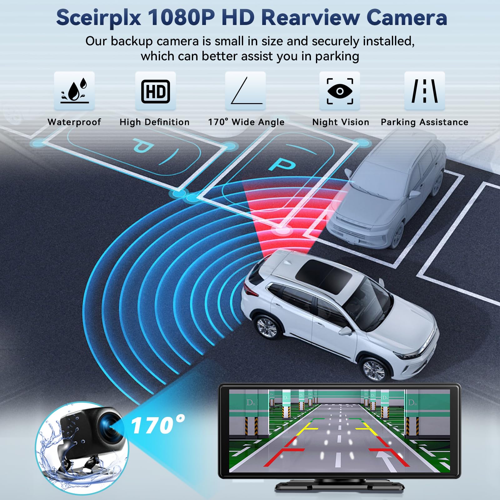 10.26" Pantalla Carplay Coche, Táctil Pantalla con 1080P Cámara Retrovisora para Apple y Android, Soporta Control por 2.4GHz +5GHZ WiFi/Voz Control/FM/Mirror Link/AUX con Navegación GPS/BT