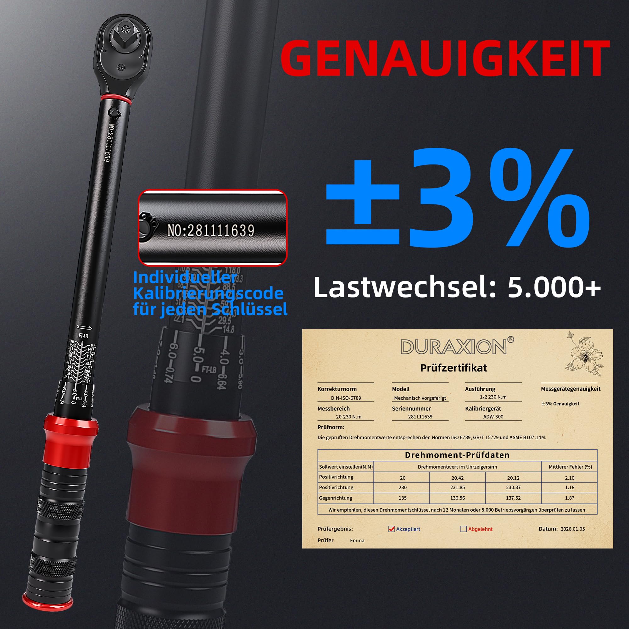 Drehmomentschlüssel 1/2", 20-230Nm für Auto/Motorrad, 3-teilig Set
