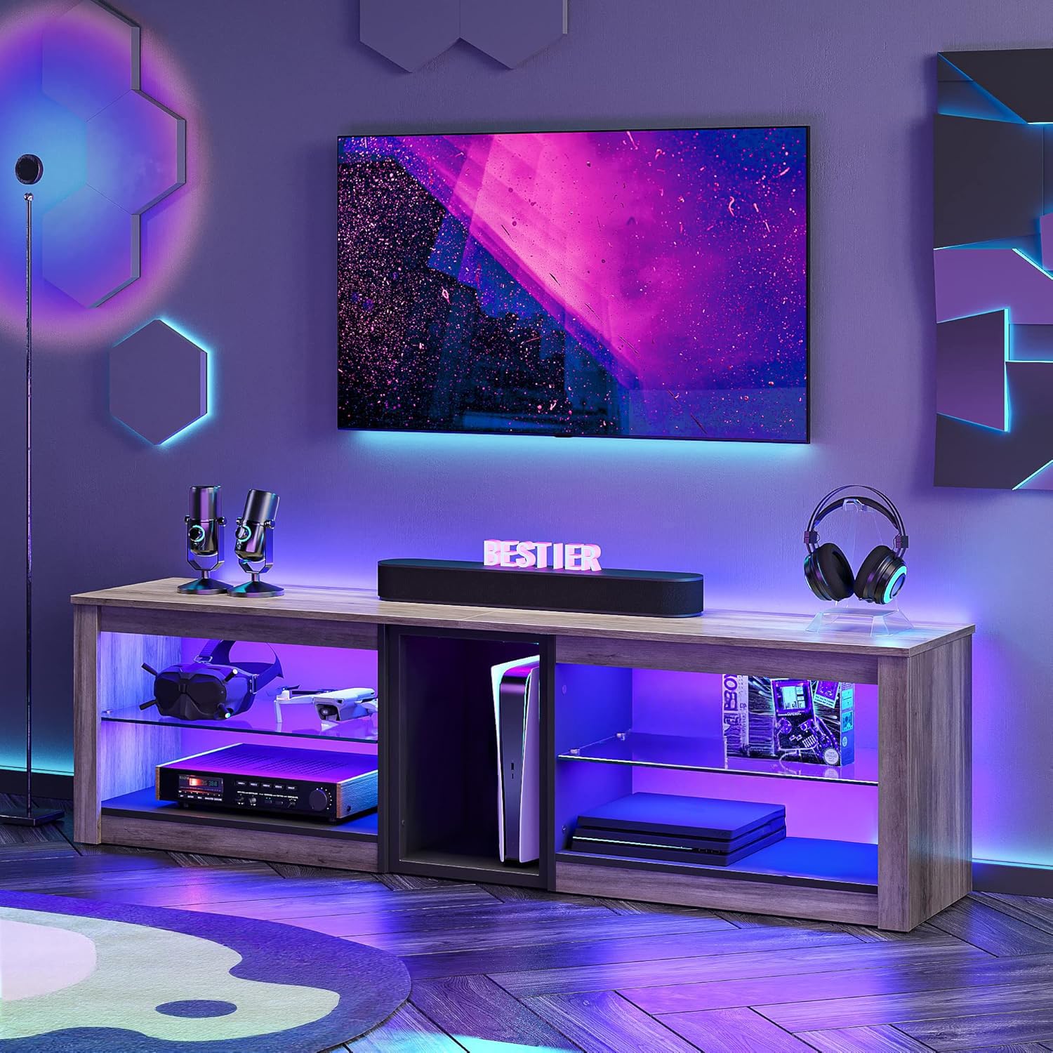 Bestier Mobile TV basso per TV da 65 pollici e TV più piccole, 160 x 35 x 52 cm, mobile TV con luci LED RGB, tavolo TV con gestione dei cavi integrata, vassoio in vetro regolabile