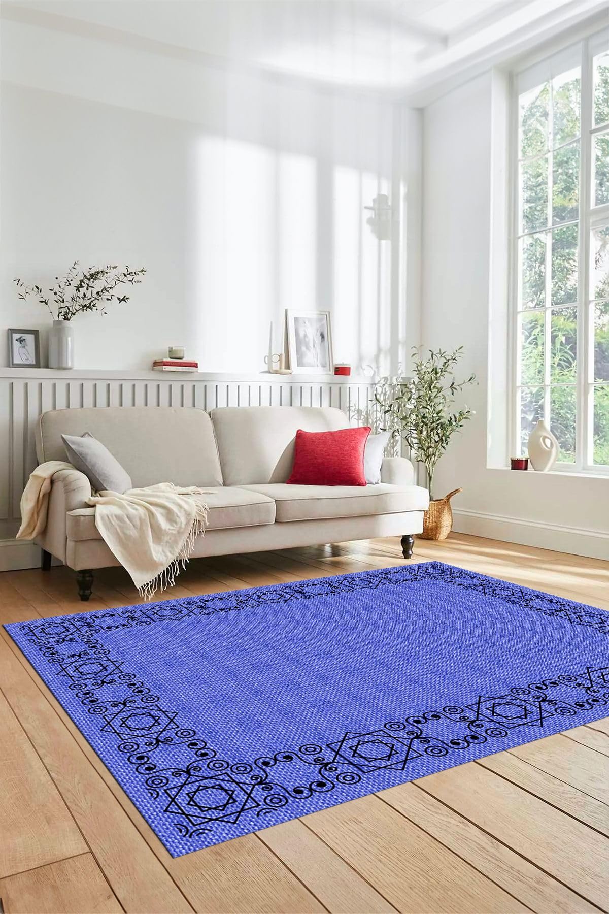 Evdeya Dijital Baskılı Kaymaz Taban Yıkanabilir Jüt Hasır Desen Üçlü Yatak Odası Takımı JÜT-19, Mavi, 80 x 300