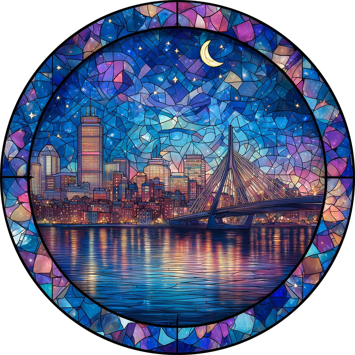 Bgraamiens 1000 Piece Jigsaw Puzzles for Adults – Stained Glass Boston Skyline – Moonlit City View with Bridge and Reflections – Artistic Nighttime Challenge Gift