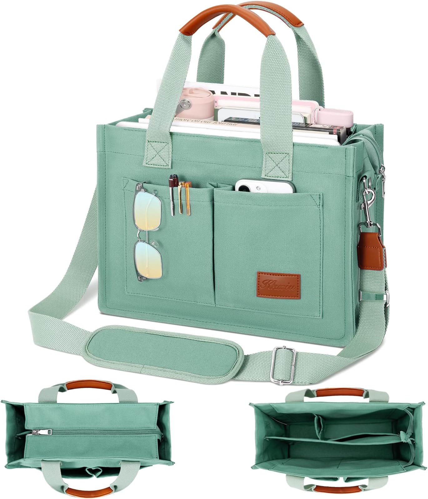 KKXIU Large Canvas Tote Bag for Women with Zipper and Compartments Crossbody Work Bible Messenger Purse Bag With Pockets