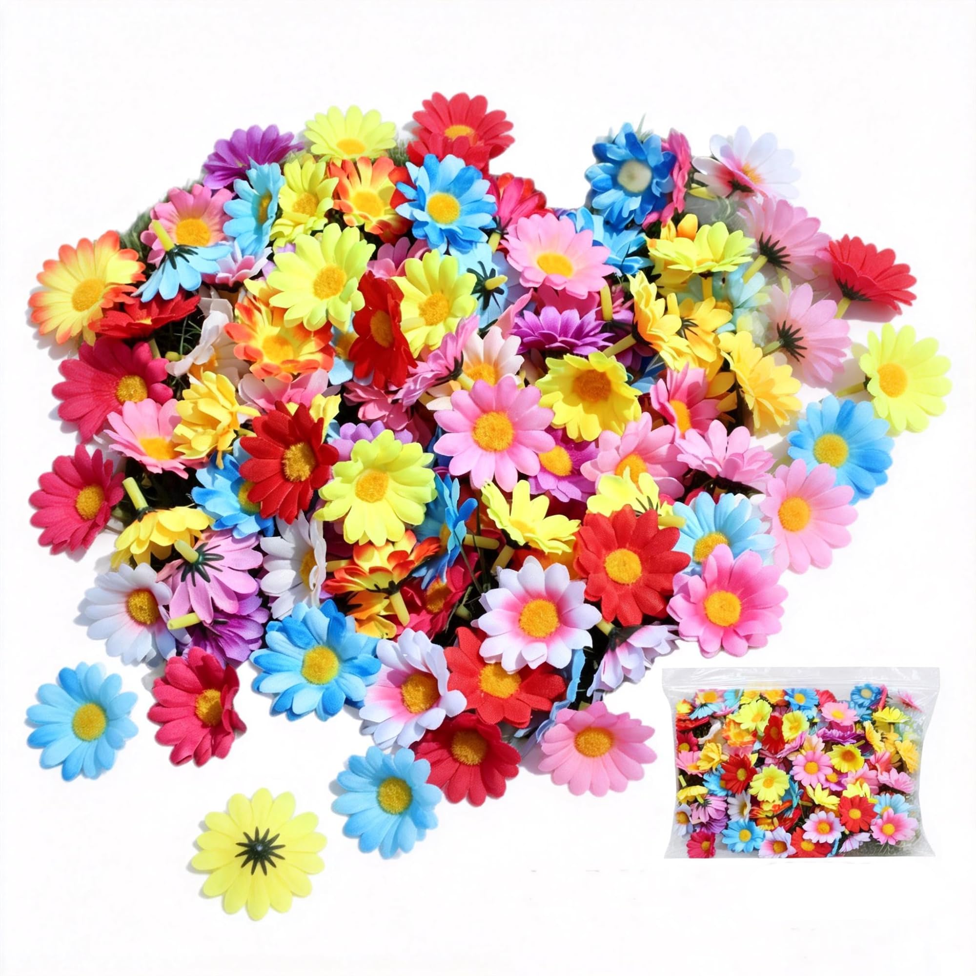 MINWEGI 100PCS Artificial Daisies Flowers Heads - Multi Color Fabric Small Fake Flowers for Wedding Decorations, Home Party Supplies, Floral Arrangements (4cm, No Stem)