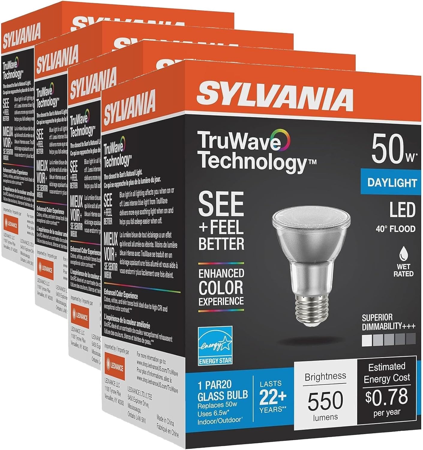 Sylvania LED TruWave Natural Series PAR20 Light Bulb, 50W Equivalent, Efficient 6W, Medium Base, Dimmable, 5000K, Daylight - 4 Pack (40921) White