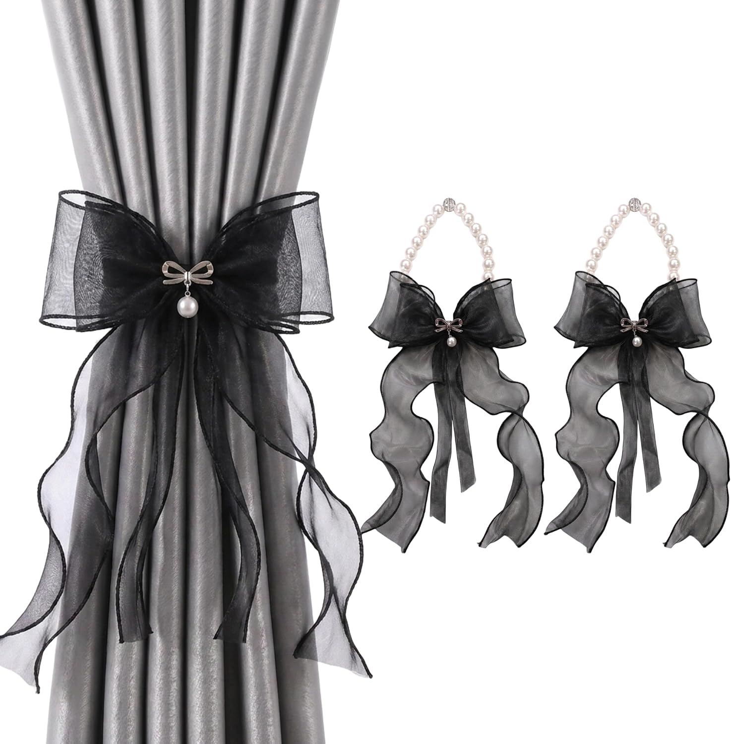 Pearl Bow Magnetic Curtain Tiebacks for Home Decor (2, Black)