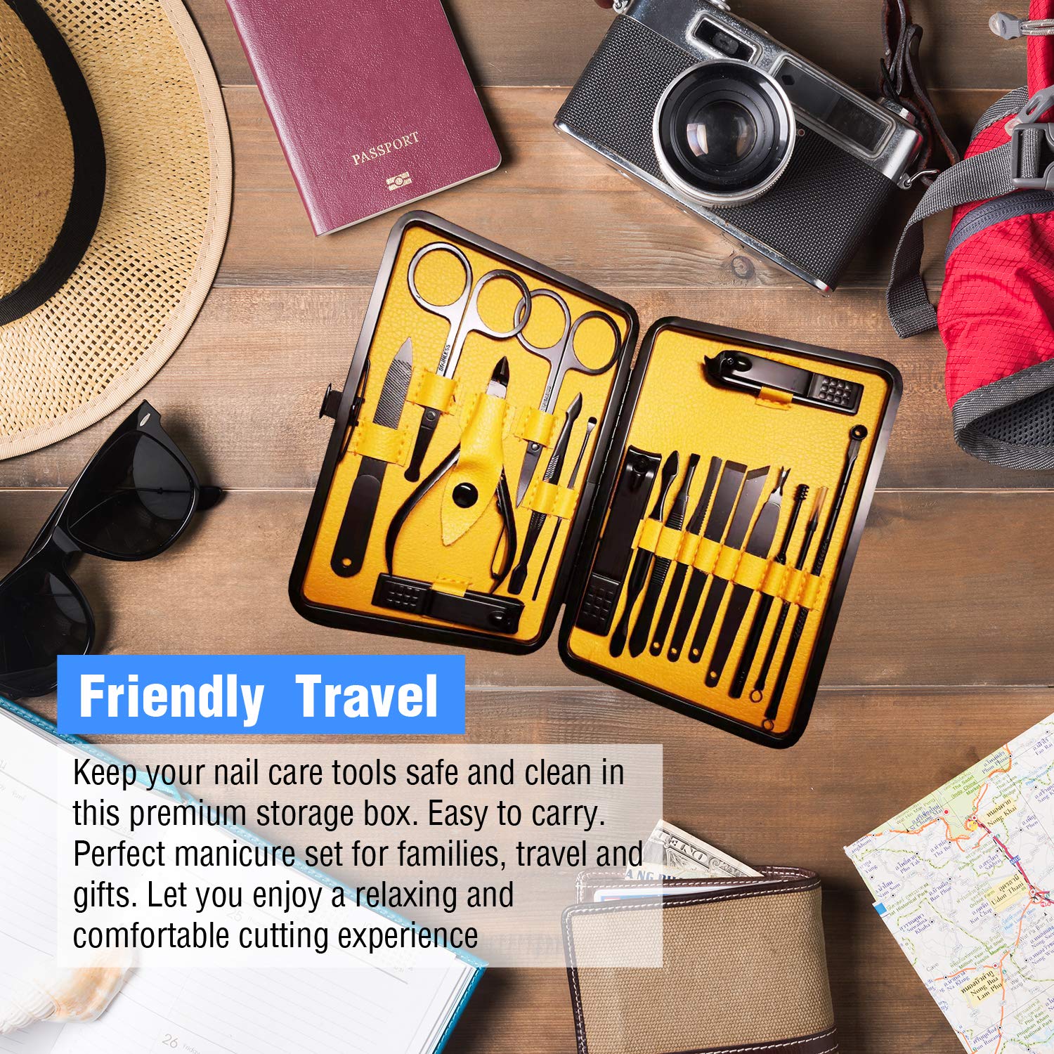 Manicure Pedicure Kit Nail Clippers Set 18 in 1 High Precision Stainless Steel Cutter File Sharp for Men & Women Fingernails & Toenails Vibrissac Scissors with Portable Stylish Case (Yellow_18in1) : Everything Else