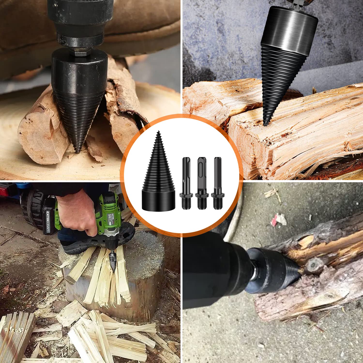 Spaccalegna Cono di legno, Cono per vite Spaccalegna, Trapano Legna Ardere, con 3 Manici (Esagonale, Rotondo, Quadrato) per Legno di Diametro Inferiore (42mm)