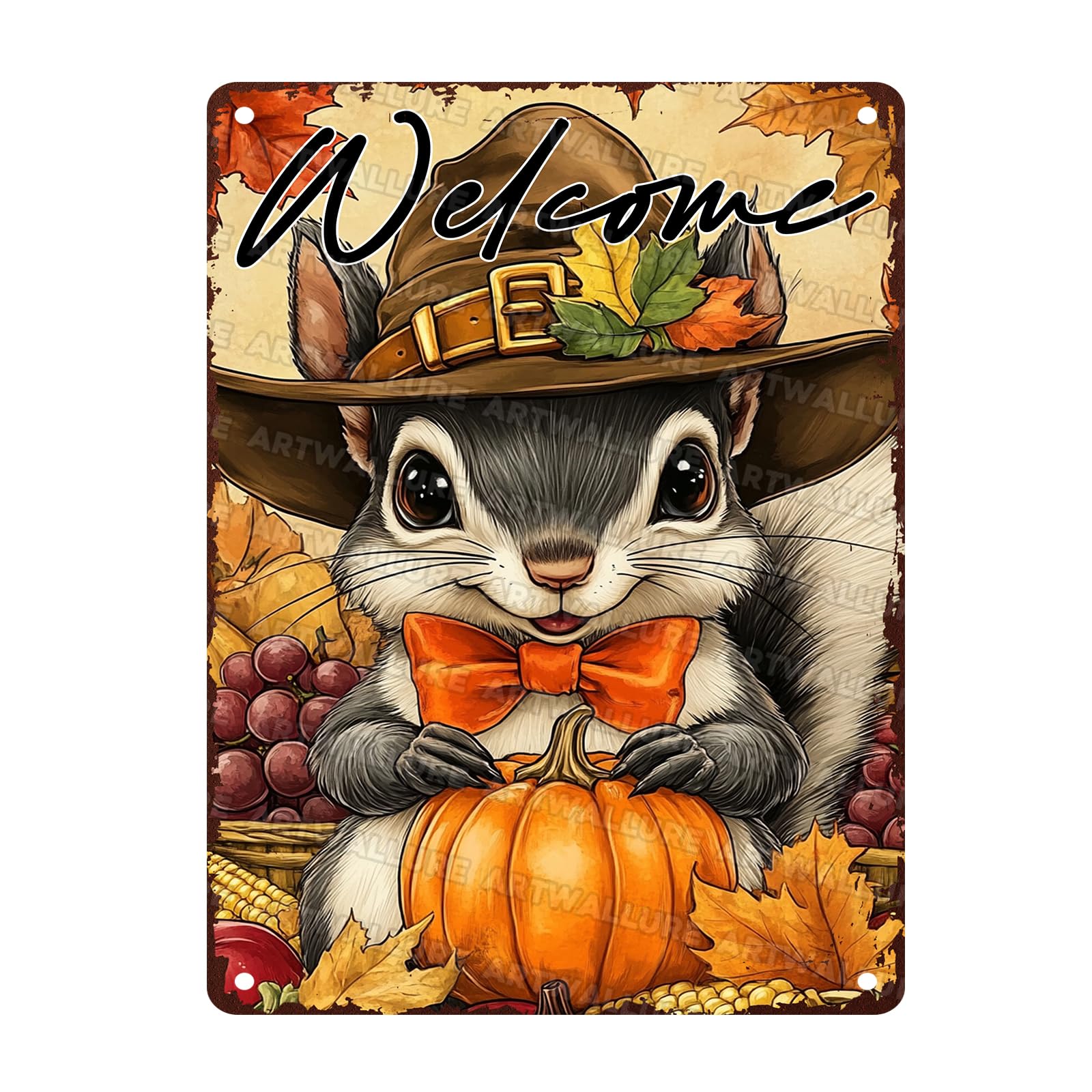 Autumn Squirrel Metal Tin Sign Vintage Fall Thanksgiving Pumpkin Harvest Rustic Wall Art Decor 12x16inch
