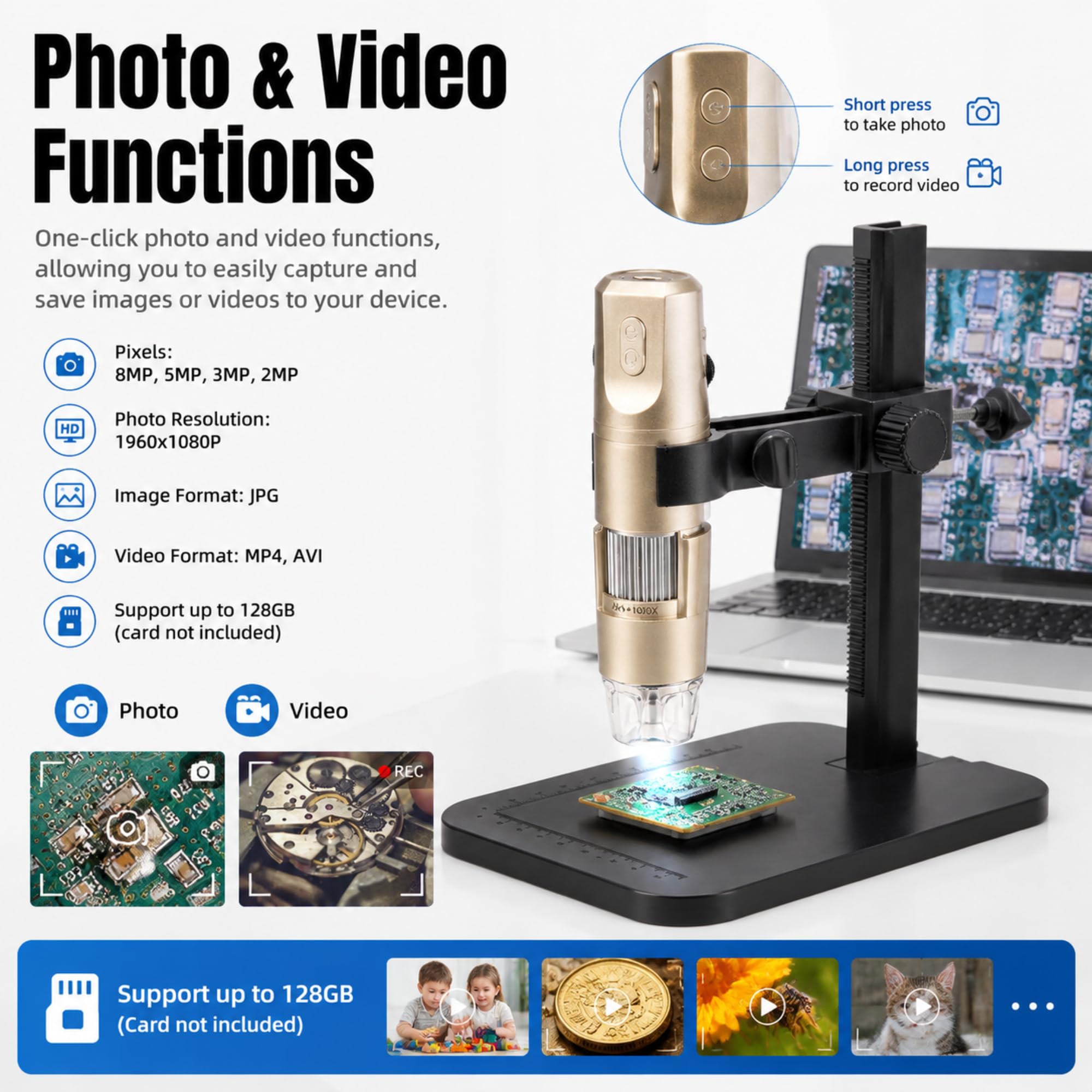 Microscopio Digital USB 1600X WiFi Microscopio de Aprendizaje Inalámbrico Fotografía y Grabación 1080P, con 8 LED y Soporte Ajustable para Profesores, Estudiantes, Colecci