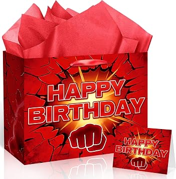 Bold Red Fist Explosion Happy Birthday Gift Bag Set with Card and Red Tissue Paper - Comic Action Gaming Theme Party Favor Wrapper, Heavy Duty Bag for Boys Superhero Martial Arts Boxing Birthdays