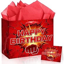 Bold Red Fist Explosion Happy Birthday Gift Bag Set with Card and Red Tissue Paper - Comic Action Gaming Theme Party Favor Wrapper, Heavy Duty Bag for Boys Superhero Martial Arts Boxing Birthdays