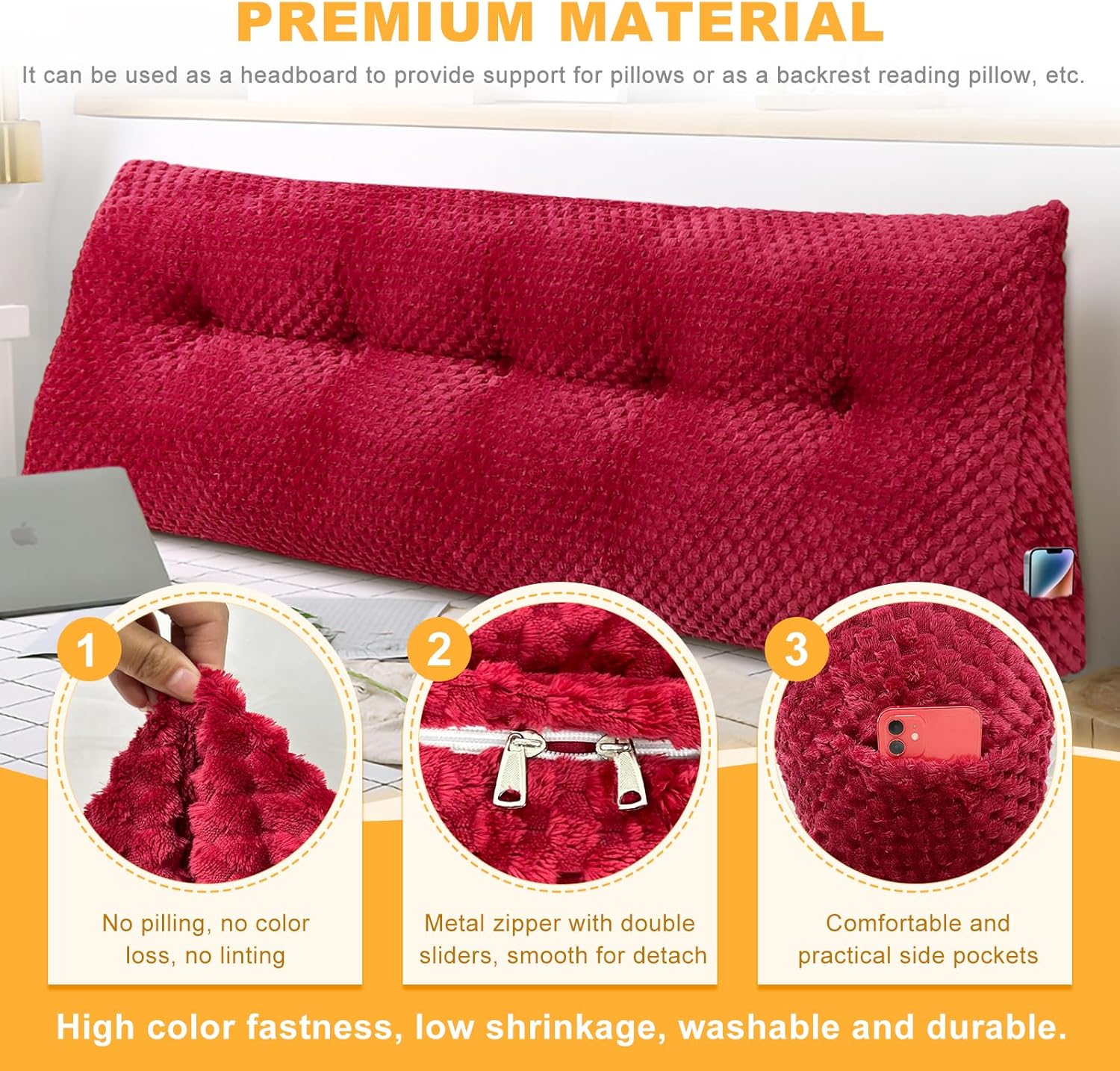 Large Triangular Headboard Wedge Pillow Soft and Supportive Headboard Backrest Positioning Support Bolster Cushion, Bed Wedge Pillow with Removable Cover(Wine Red,Twin,39x8x20inch)