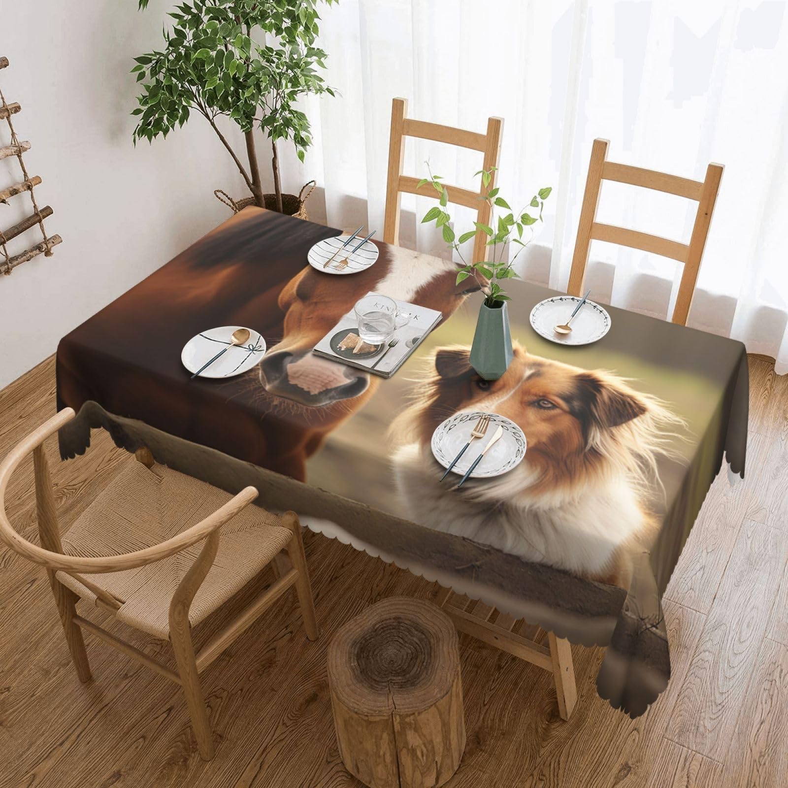 Nappe rectangulaire 137x183 cm imperméable style rustique motif chien et cheval pour table cuisine