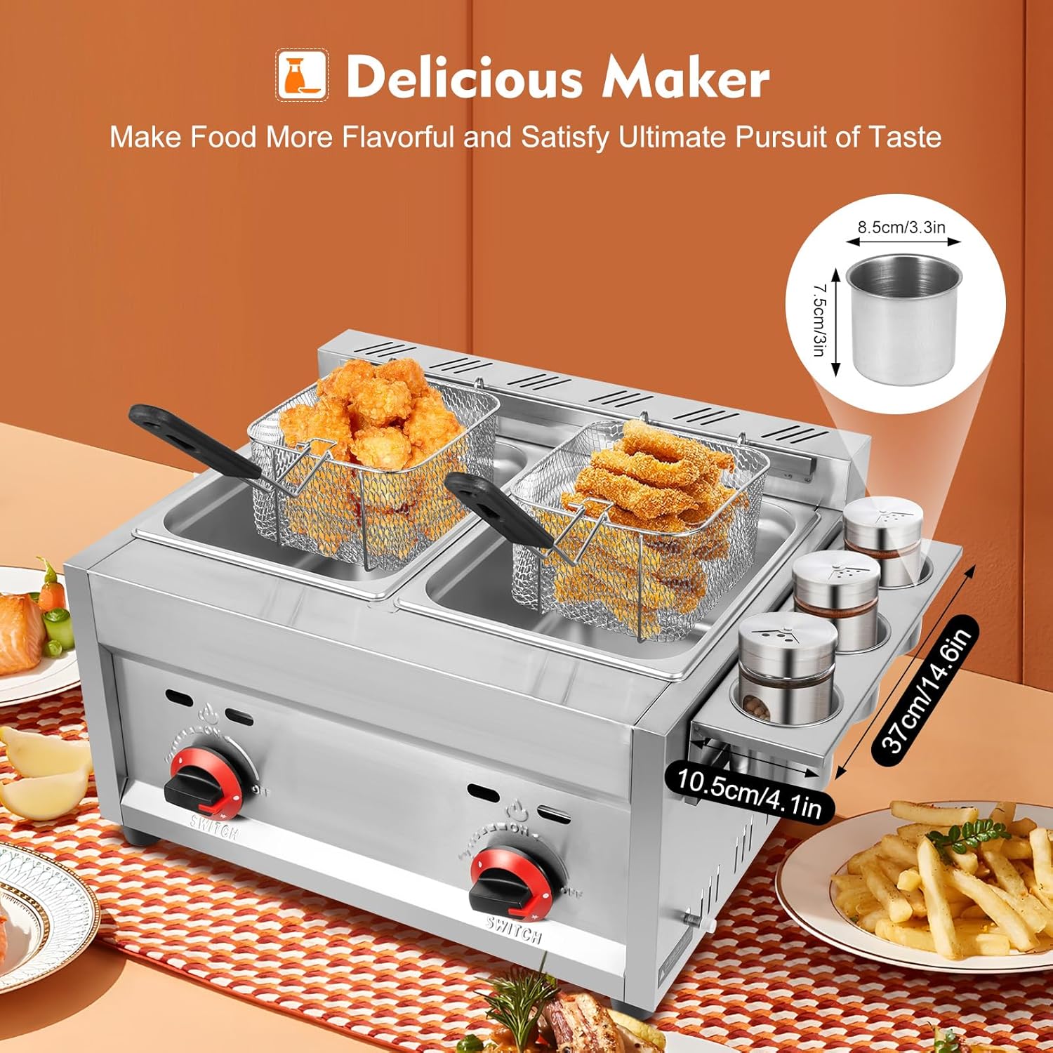 Commercial Gas Deep Fryer 12L Stainless Steel Dual Tank Gas Deep Fryer with 2 Baskets&Lid Countertop Fryer Frying Machine for Restaurant and Home Use