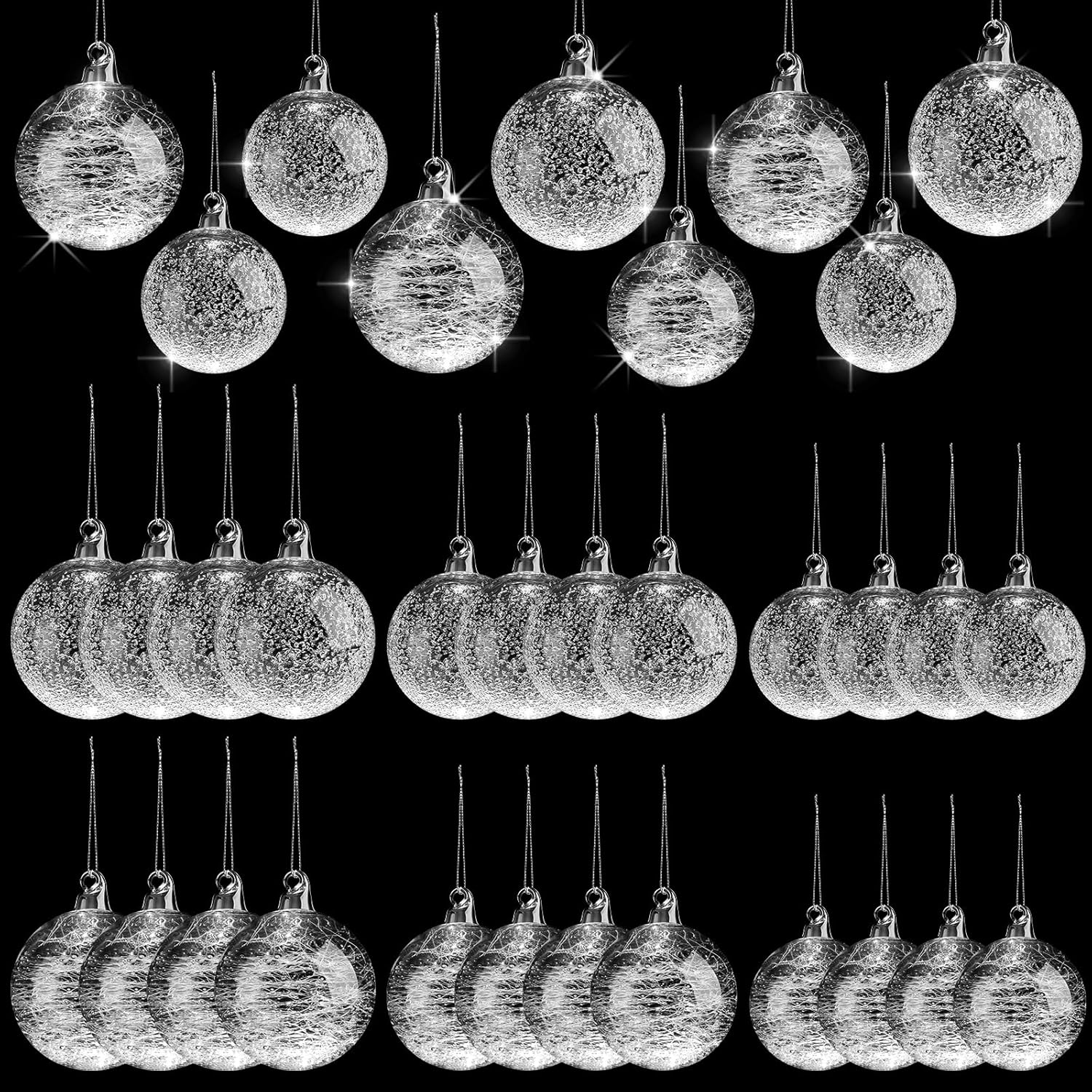Uiifan 24 Pcs Clear Glass Christmas Ornaments Balls Bulk Blown Glass Christmas Tree Ornaments Assorted Size Iridescent Balls Xmas Tree Home Decorations (2.36 in,2.76 in,3.15 in)