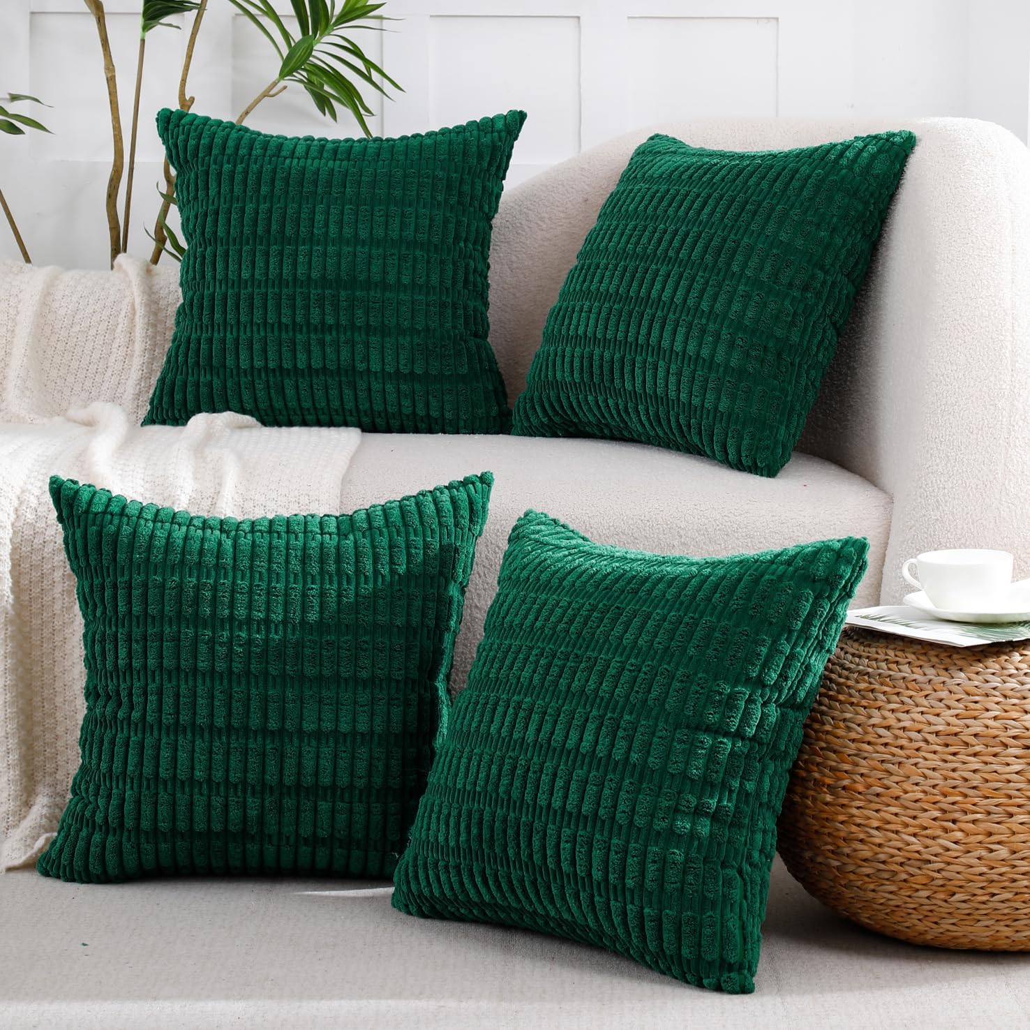 All Smiles Decorative DarkGreen Throw Pillow Covers 24x24 Set of 4 Farmhouse Rustic Home Decor Soft Plush Striped Corduroy Square Cushion Case for Living Room Couch Bed Sofa