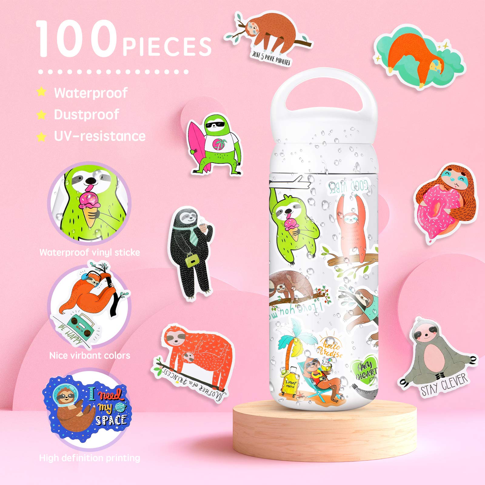 100 calcomanías de perezoso para botella de agua, perezoso, decoración de fiesta, calcomanías de vinilo de animales lindos para laptop, computadora, equipaje, casco, refrigerador, patineta 2