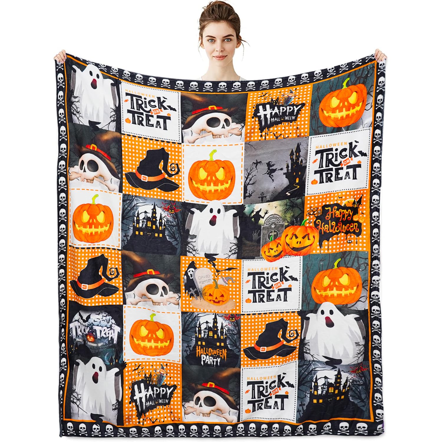 Metawu Halloween Pumpkin Flannel Throw Blanket for Kids, Women - Decorative Blanket for Bed, Sofa, Couch, Travel - 50x60 Inch