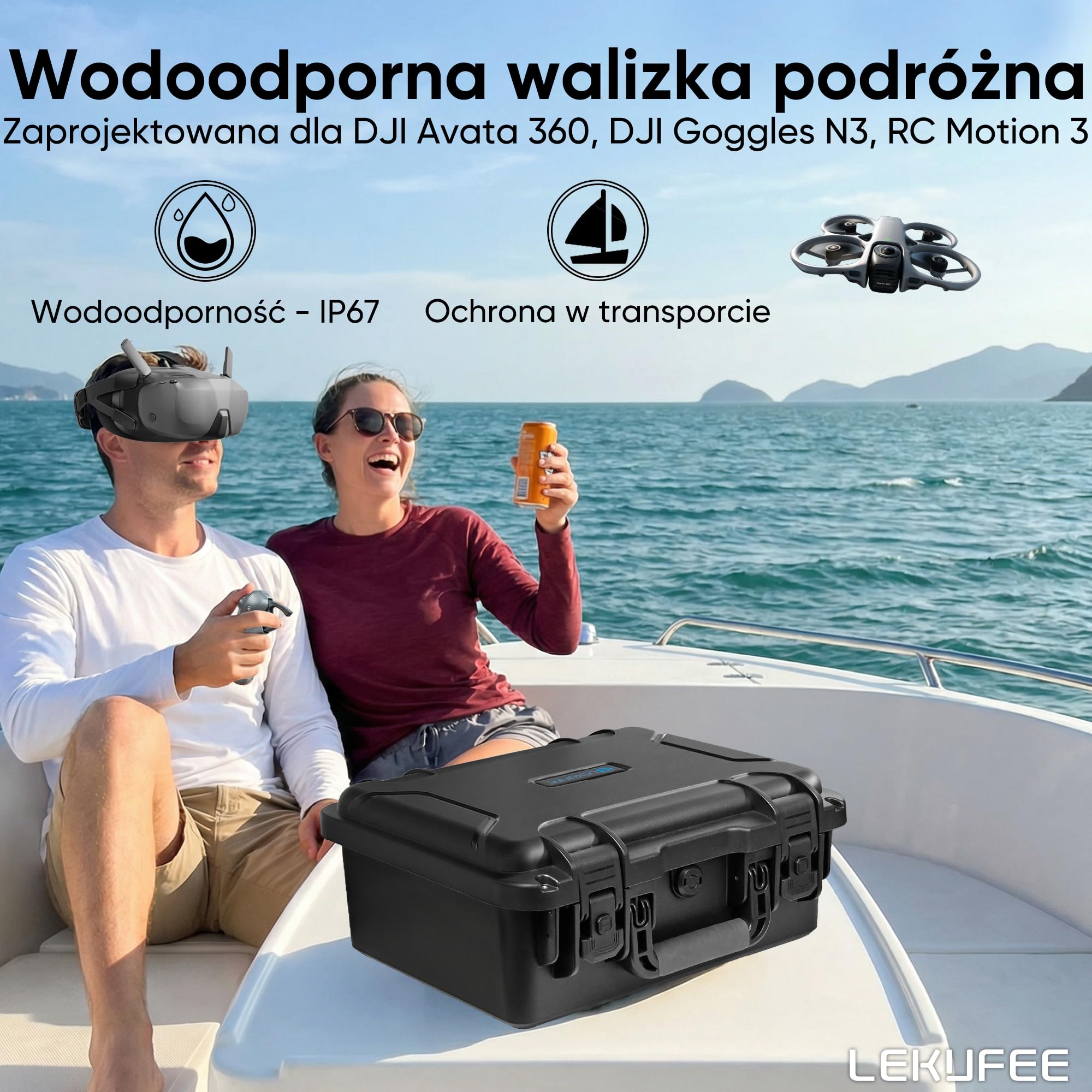 Lekufee Wodoodporna twarda walizka transportowa do drona DJI Avata 360, Motion Fly More Combo, baterii (5 szt.), Goggles N3/3, RC Motion 3, DJI RC 2/N3/N2, kontrolera FPV 3 oraz akcesoriów (tylko w