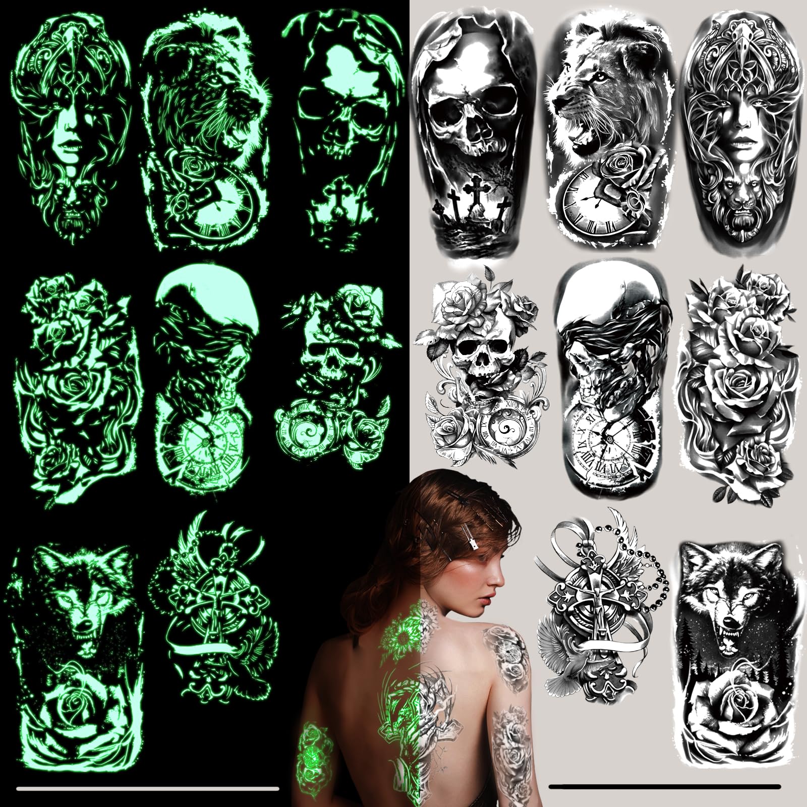 24 Sheets Glow in the Dark Temporary Tattoo Wolf Flower Luminous Fake Tattoos for Adults Men Women Kids Tiny Halloween Tattoo Stickers Neon Rave Festival Accessory Glow Party Supplies Decorations