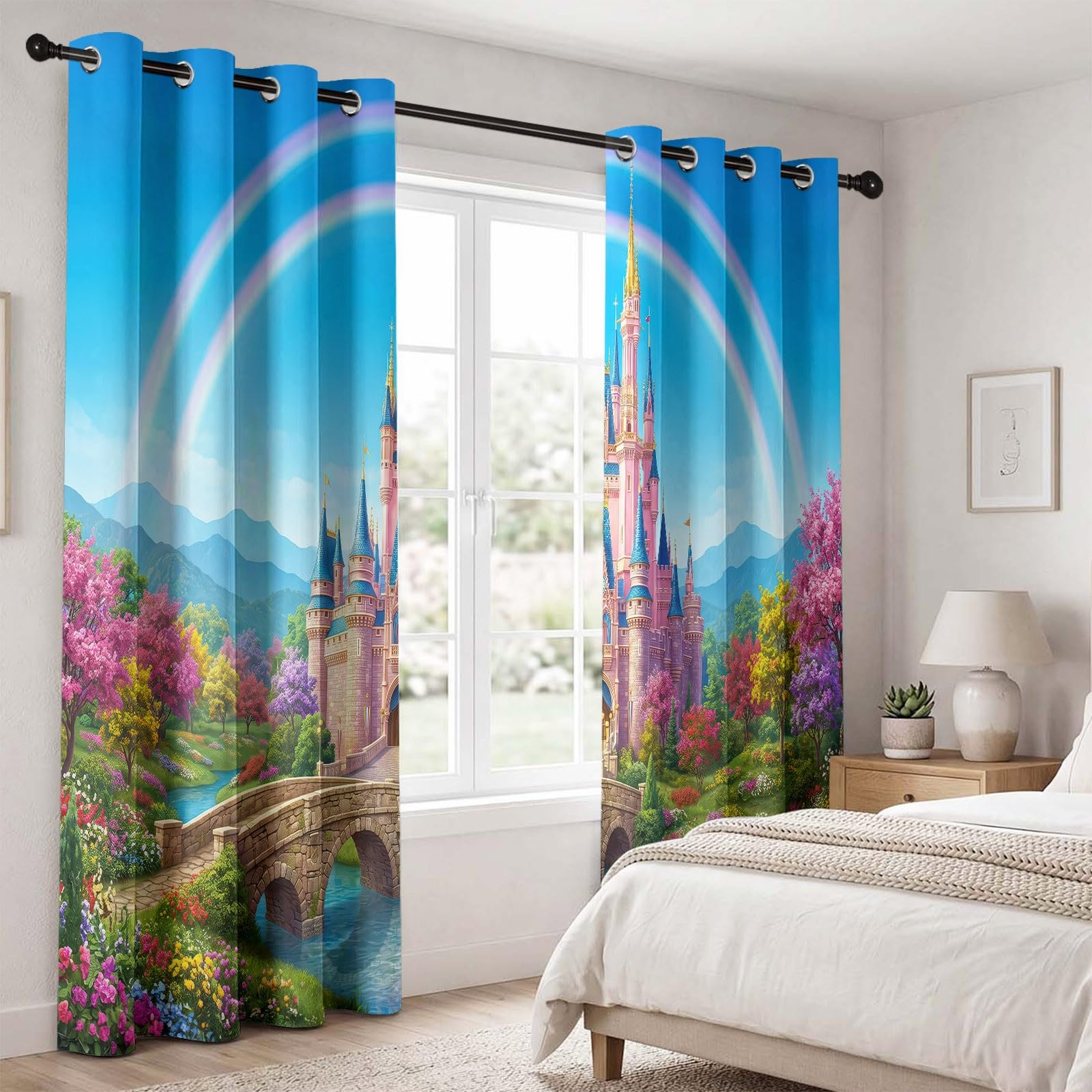 Rideaux Occultant Bâtiment, Rideaux Occultant Château De Conte De Fées Princesse & Double Rideau Thermiques Isolant Anti Froid et Chaleur Rideau à Oeillets pour Pépinière, 2 PCS, 91.5L X 160H cm