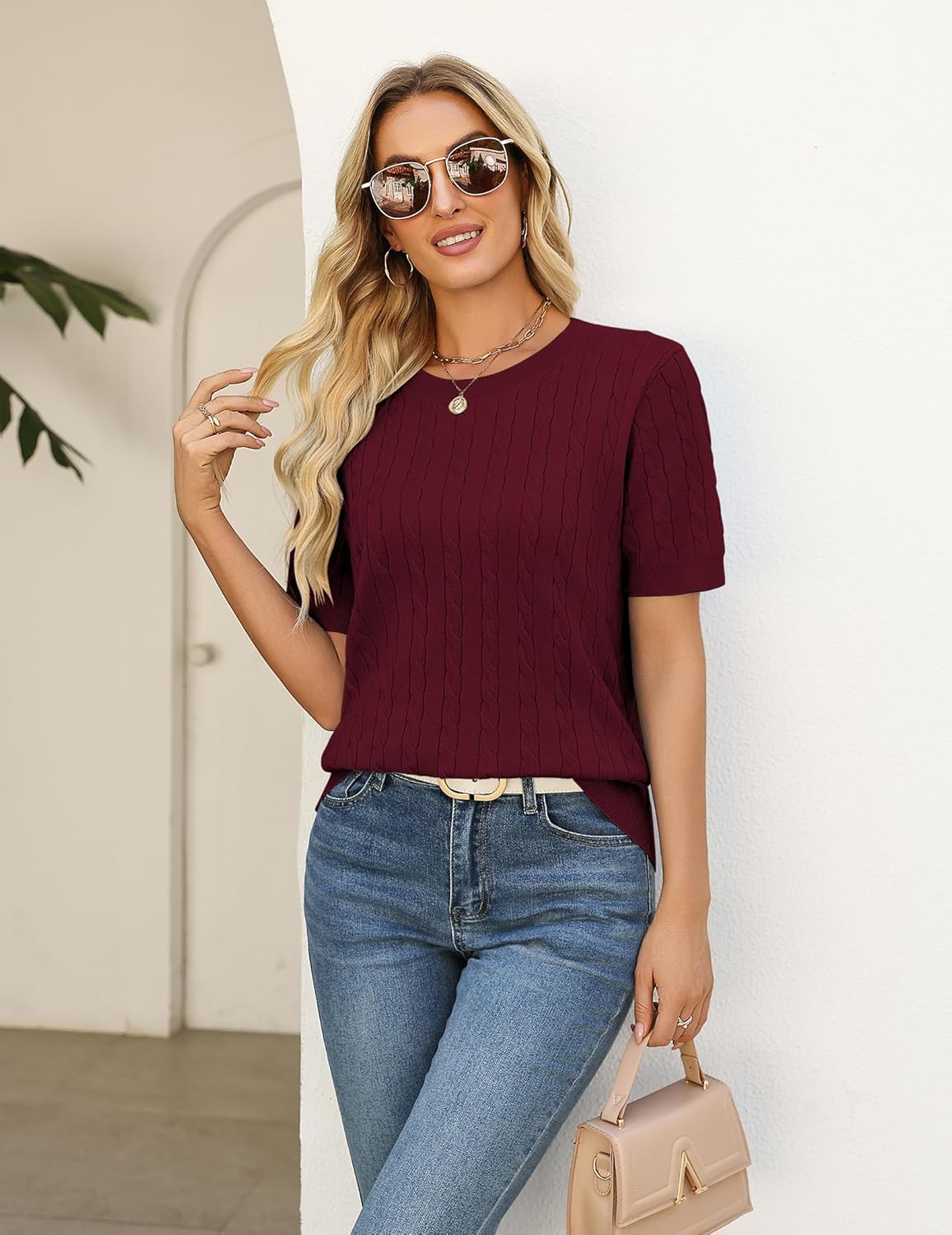 Zeagoo Cable Short Sleeve Sweaters for Women Summer Spring Cute Tops 2026 Trendy Business Causal Outfits Work Blouses Clothes - Image 5