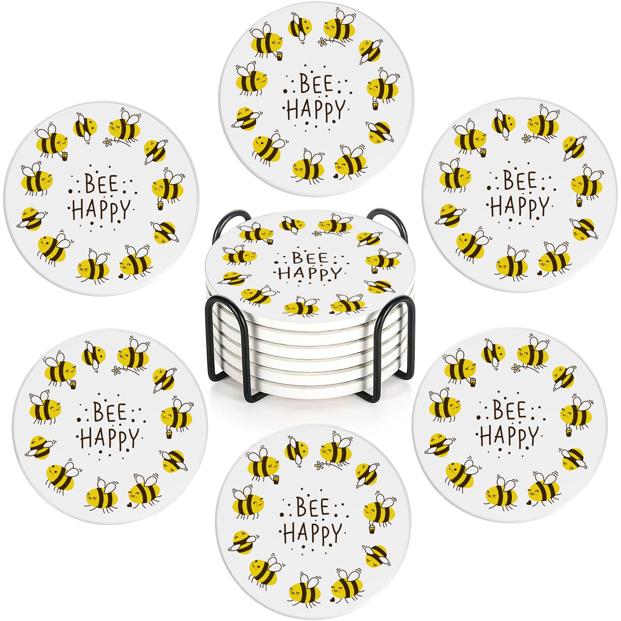 Bee Happy Set of 6 Absorbent Ceramic Coasters with Cork Base & Holder,10cm Round Drink Mats for Mugs, Wine Glasses - Spill Protection for Wood/Glass Tables