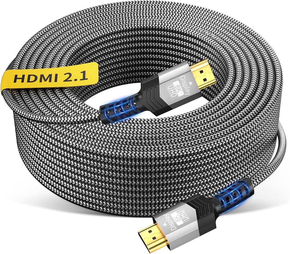 Soonsoonic Cabo HDMI 2.1 de fibra ótica 8K, 40 pés, 48 Gbps 8 K a 60 Hz (4:4) Cabo trançado unidirecional para jogos, 4K a 120 Hz eARC Dolby Atmos DTS:X HDR10 VRR ALLM, compatível com PS5 Xbox Series